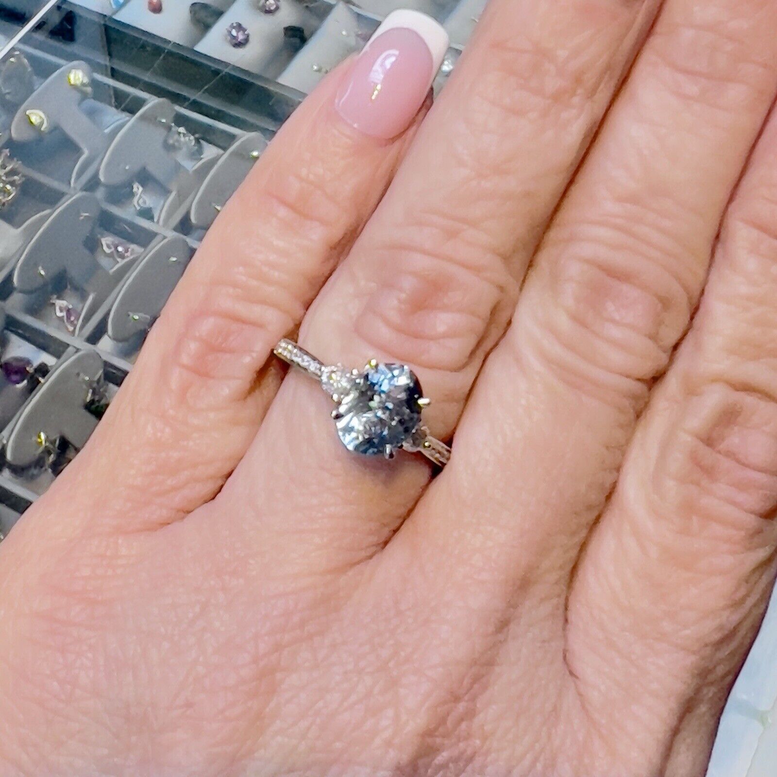 14k White Gold Genuine Aquamarine & Diamond Ring, New Size 7