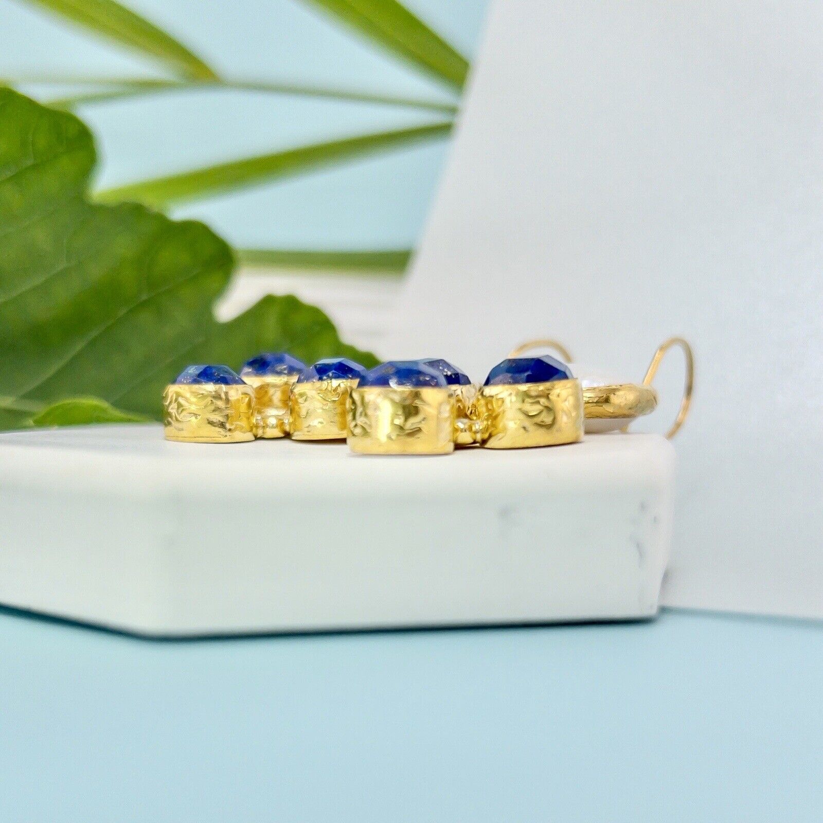 Natural Lapis Lazuli & Coin Pearl Gold Plated Dangle/Drop Earring, New 2"