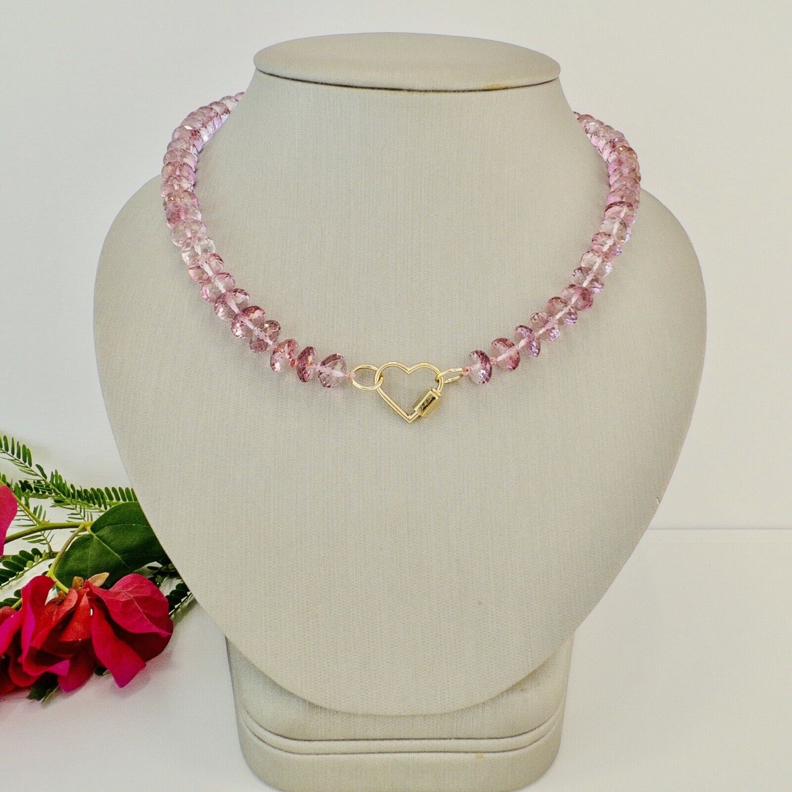 Solid 14k Yellow Gold Heart Clasp & Pink Topaz Necklace, New 17"