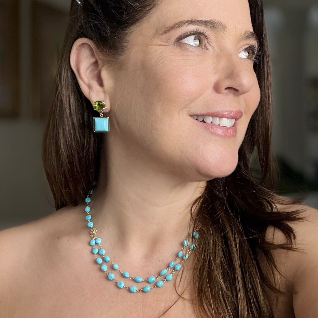 14k Yellow Gold Genuine Sleeping Beauty Turquoise Handcrafted Necklace, 16.5-18"