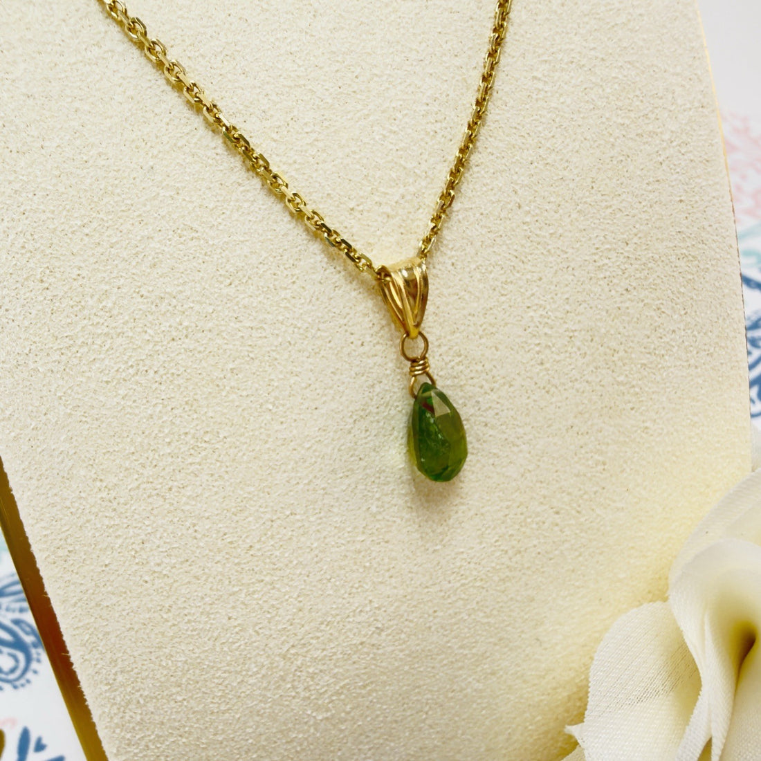 14k Yellow Gold Genuine Green Tourmaline Drop Pendant, 0.75" New