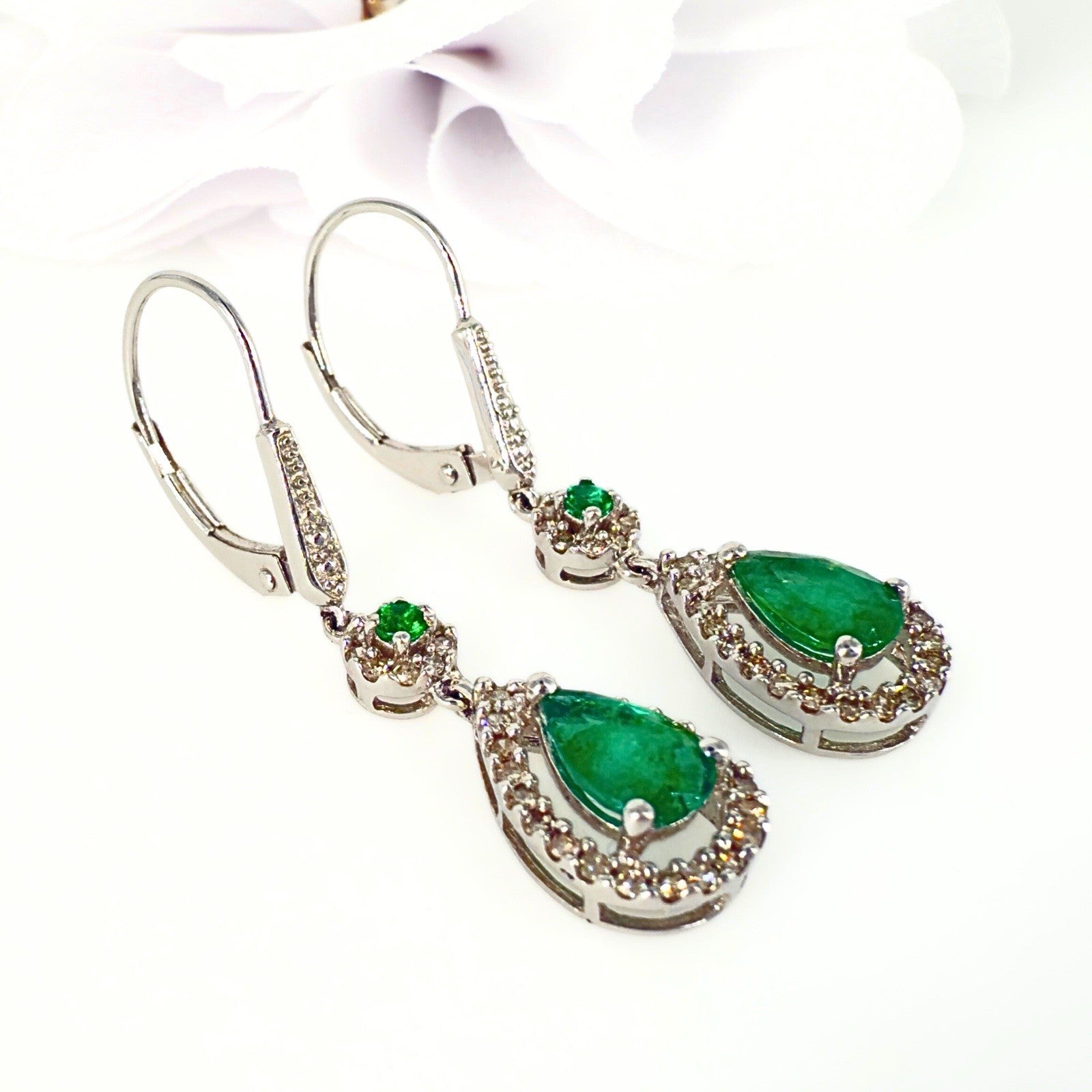 14k White Gold Genuine Emerald & Diamond Leverback Dangle Earrings, Preowned