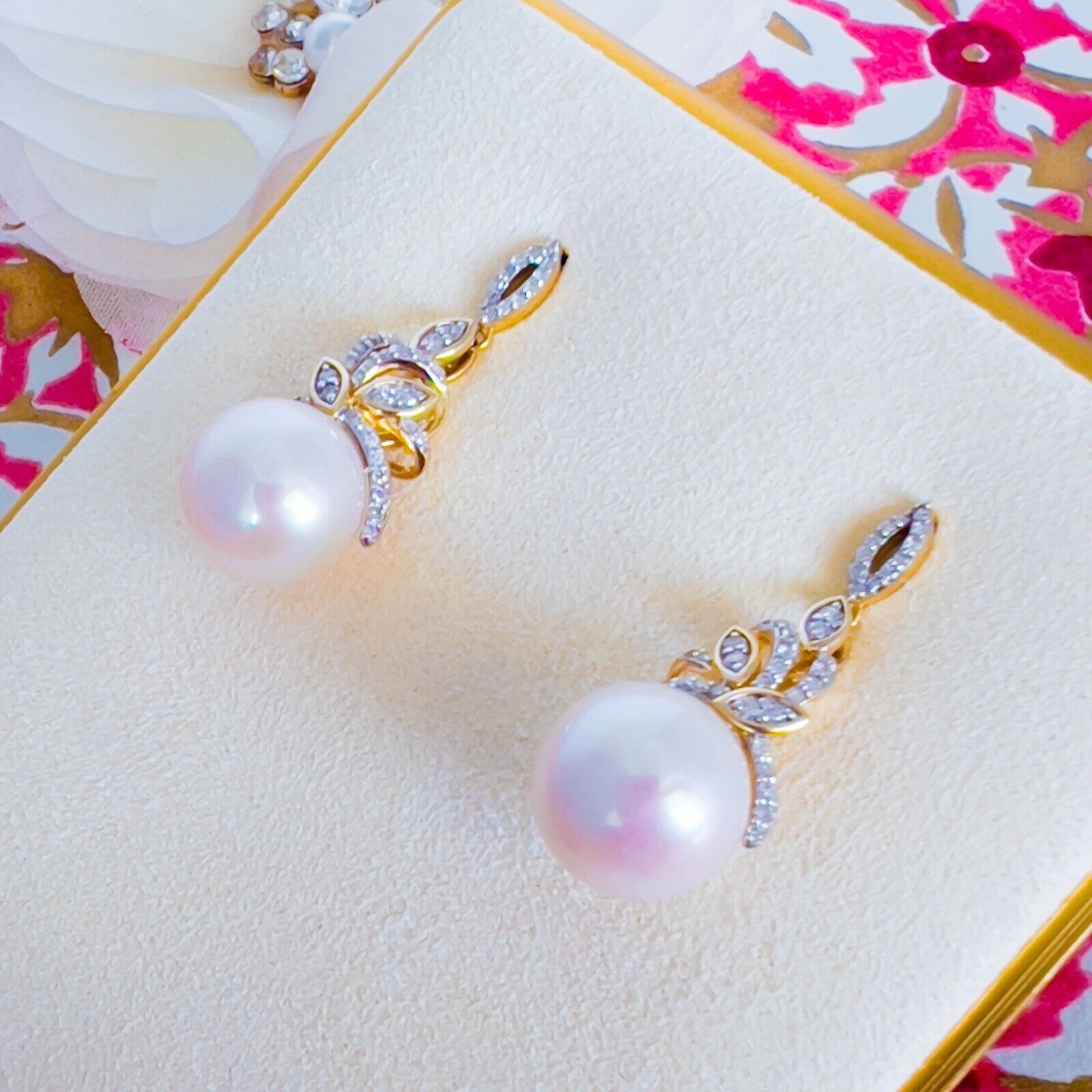 Genuine White Pearl (11.25mm) & Diamond 14k Yellow Gold Dangle Earrings, New