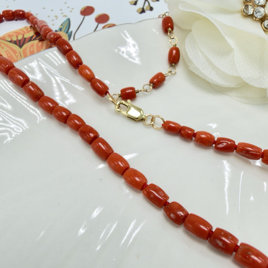 Natural Italian Red Coral 14k Yellow gold Necklace, Adjustable 18-19.5"