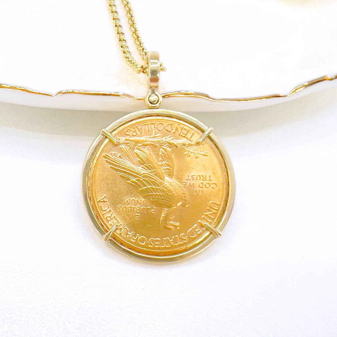 Genuine 1910 US Indian Head 10 Dollar Eagle Gold Coin With 14k Pendant Frame