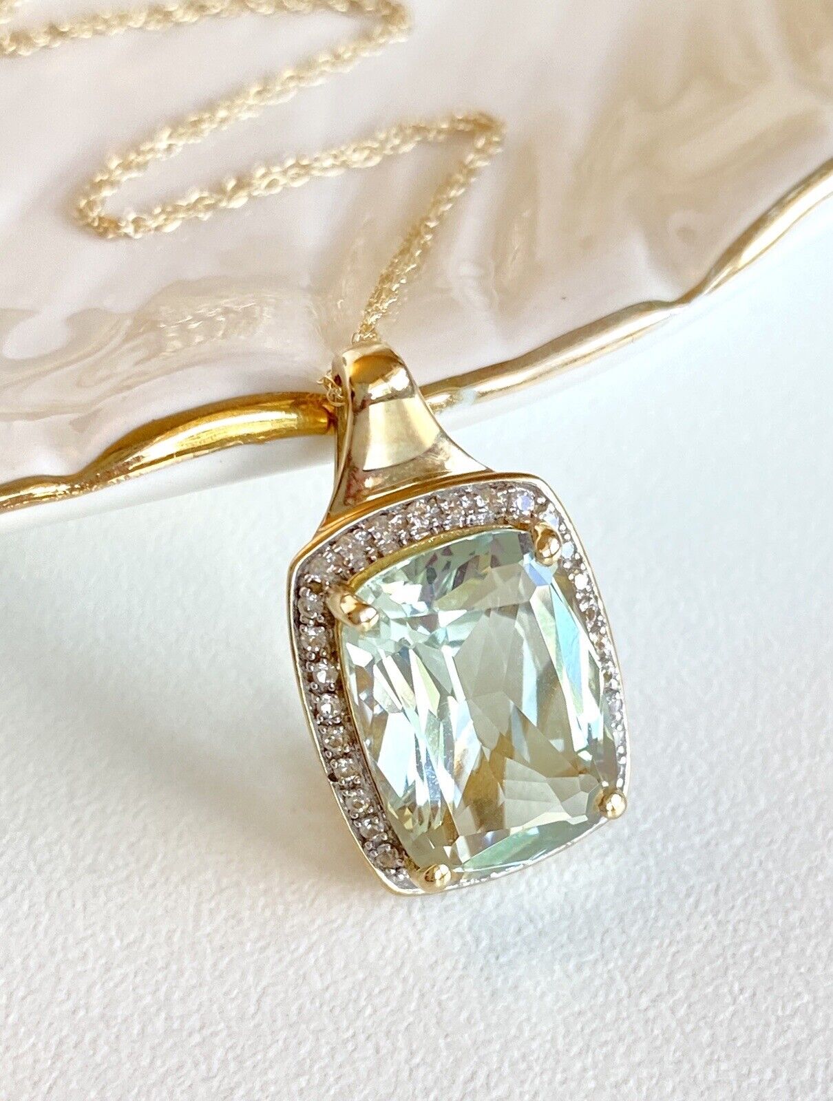 Genuine Prasiolite & White Topaz Solid 10k Yellow Gold Pendant/Necklace, New 18"