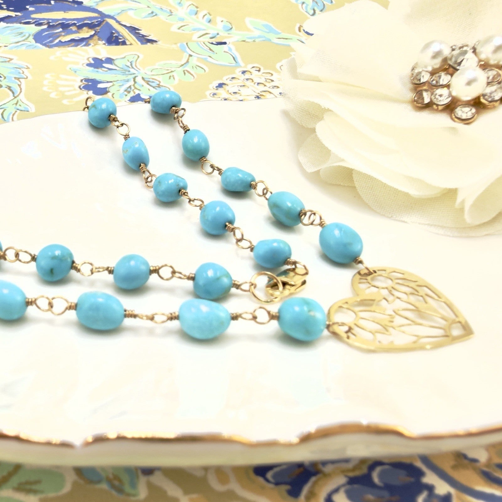 14k Sleeping Beauty Turquoise with Pierce-Work Heart Pendant Necklace, 18.25"