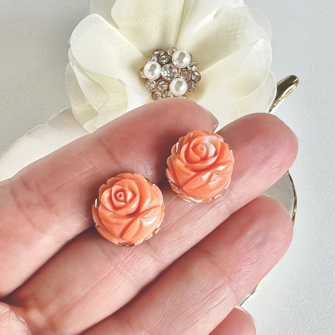 Vintage No-Dye Japanese Carved Coral Rose (14Ct) and 14K Gold Stud Earrings, New