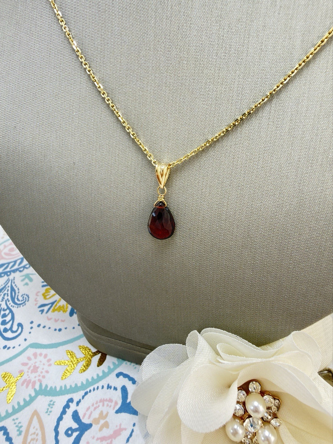 14k Yellow Gold Genuine Garnet Drop Pendant, 0.75" New
