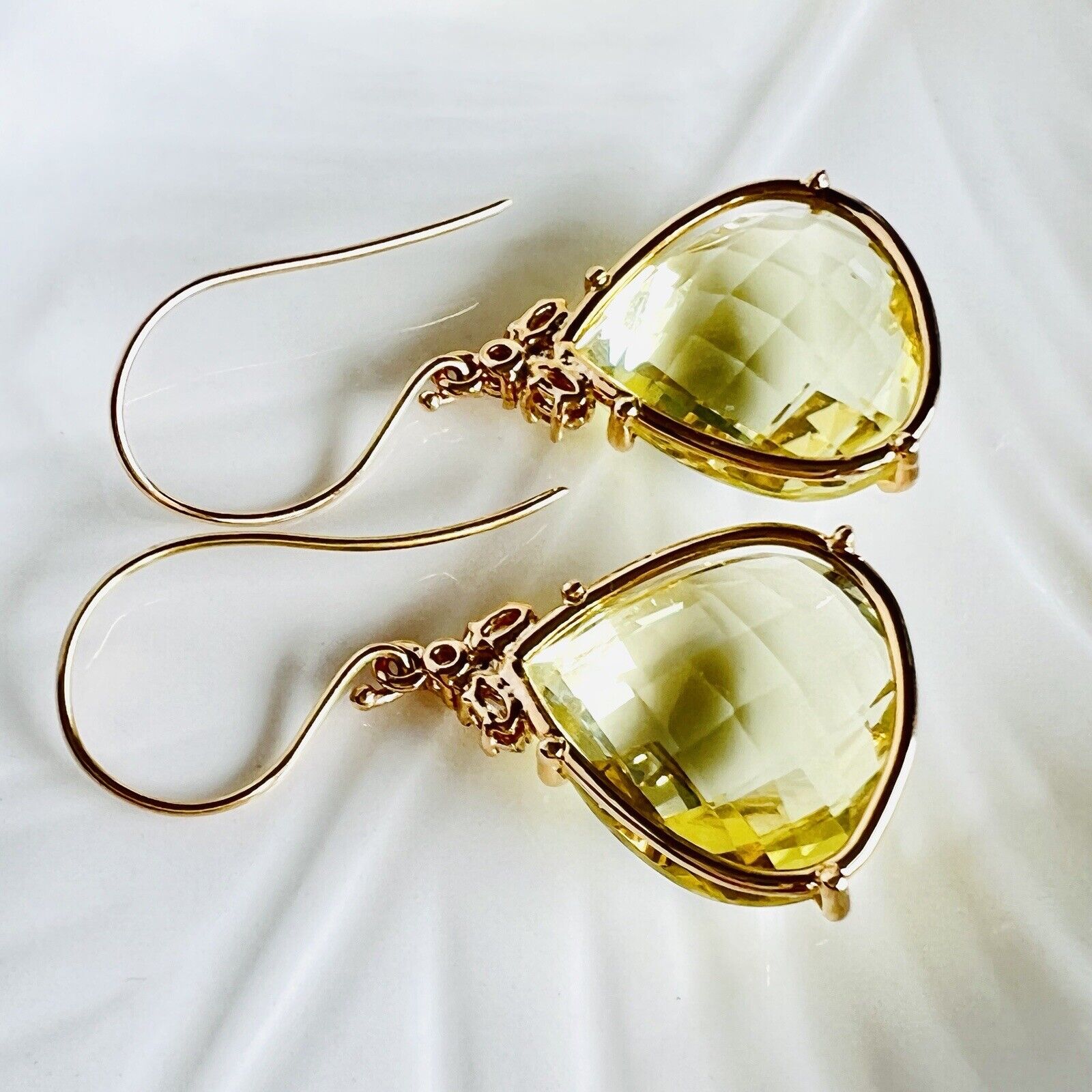 Solid 14k Yellow Gold Genuine Lemon Citrine (27ct) & Diamond Dangle Earrings