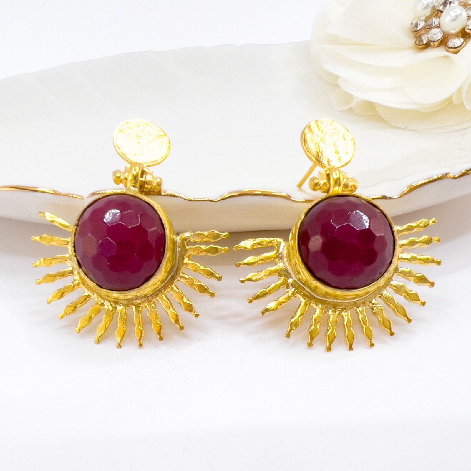Etruscan Style Ruby Quartz Heavy Gold Plated Sunburst Dangle Earrings New 1.48"