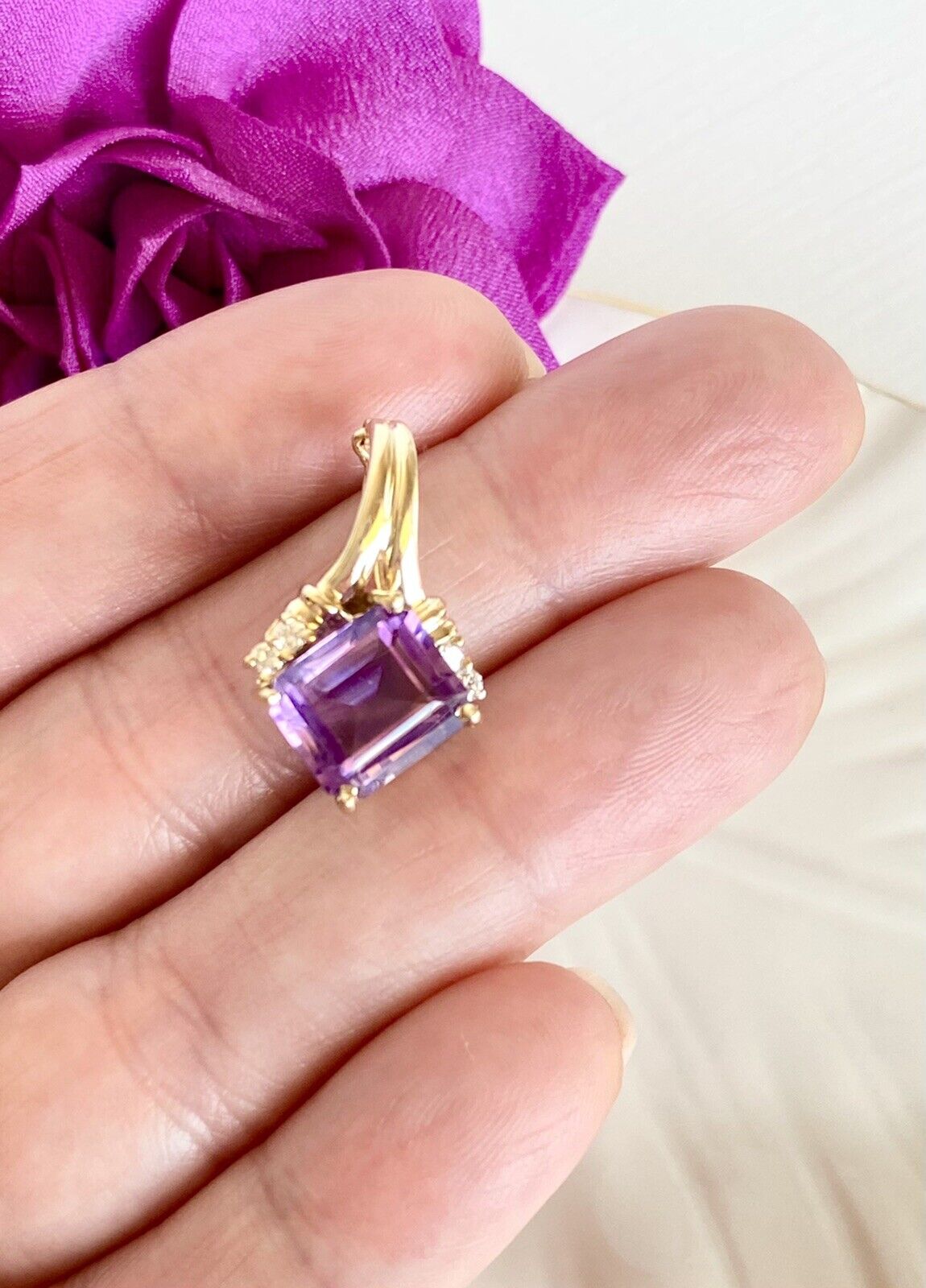 Vintage 14k Yellow Gold, Amethyst (5.12ct) & Diamond Enhancer/Pendant, New