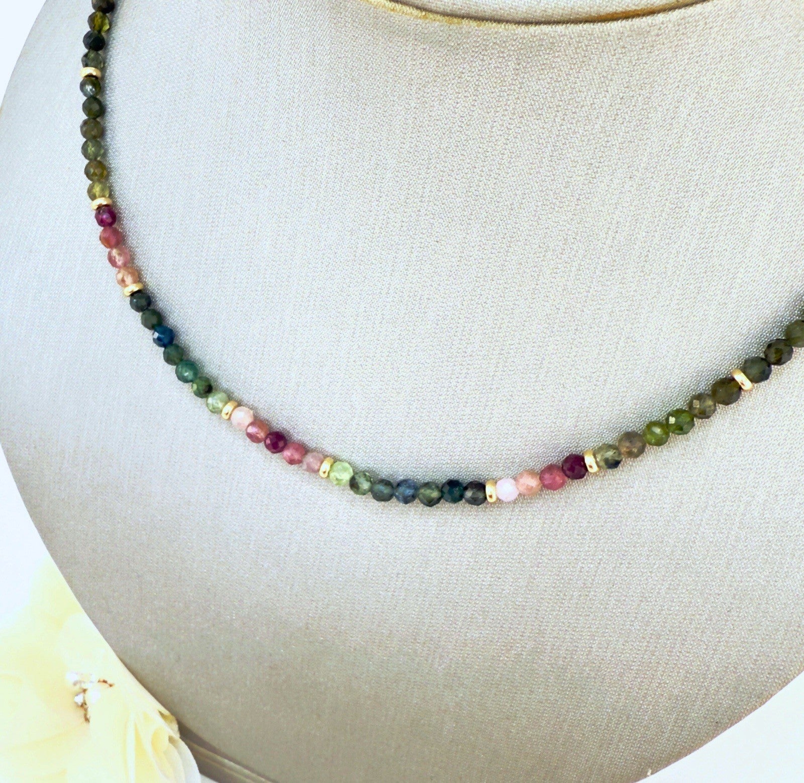14k Yellow Gold Multicolor Tourmaline Bead Necklace, New 16"