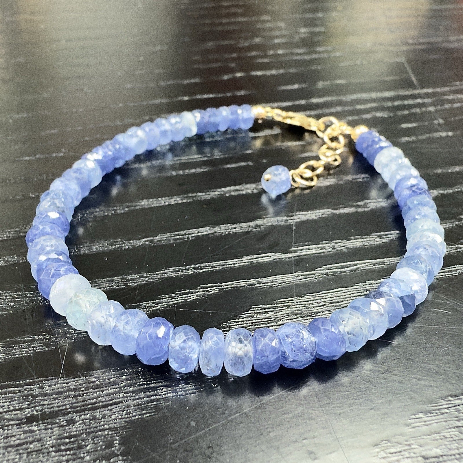 14k Yellow Gold Multitone Blue Sapphire Bracelet, Adjustable 6.75-7.75", New