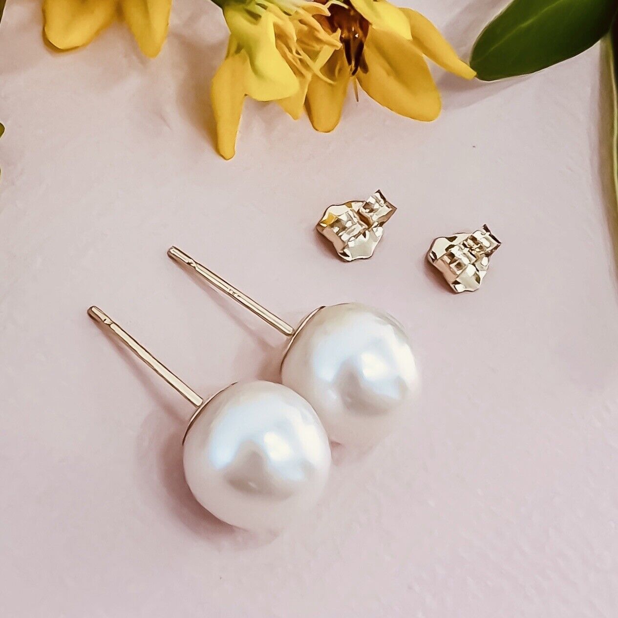 Solid 14k Yellow Gold Genuine 10.1mm Pearl Studs w/ Premium Backs, New