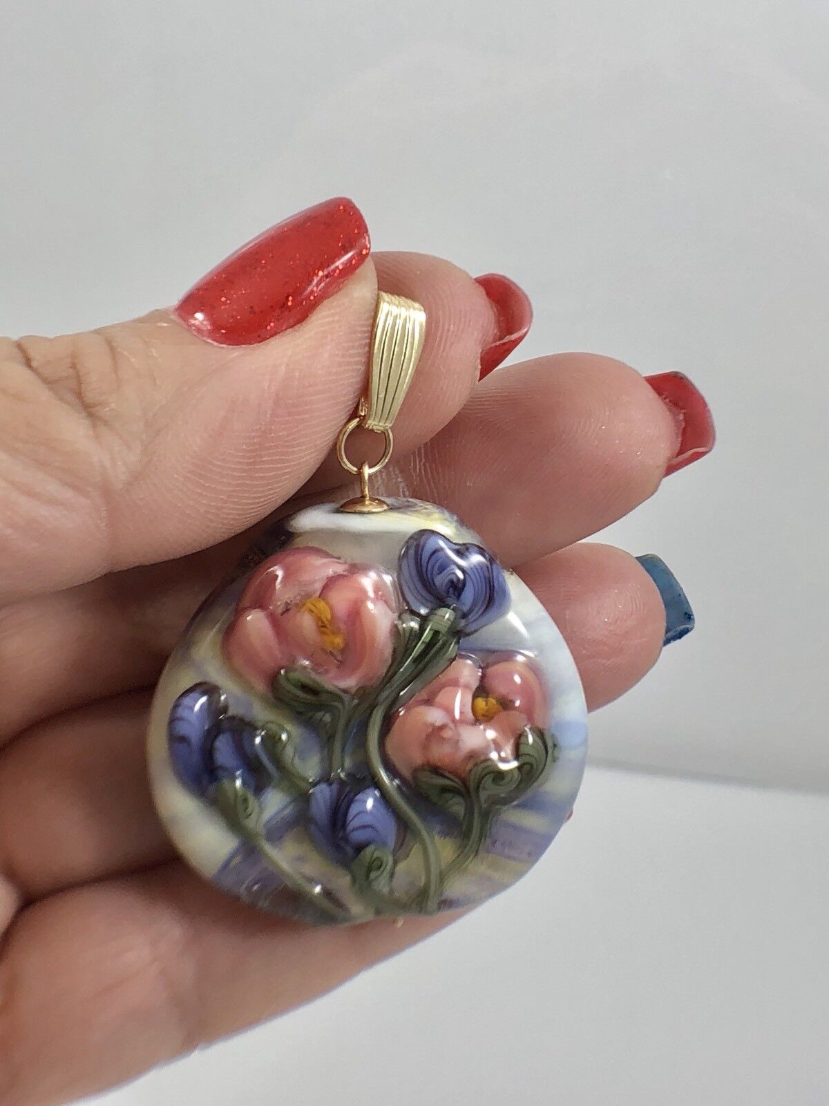 Unique Hand-Blown Glass Flower & 14k Yellow Gold Pendant, New