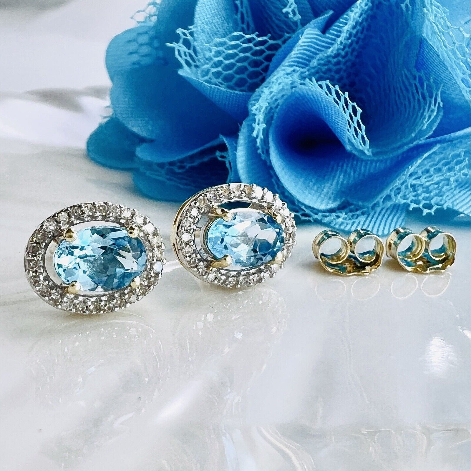Solid 10k Yellow Gold Genuine Blue Topaz & Diamond Halo Oval Stud Earrings, New