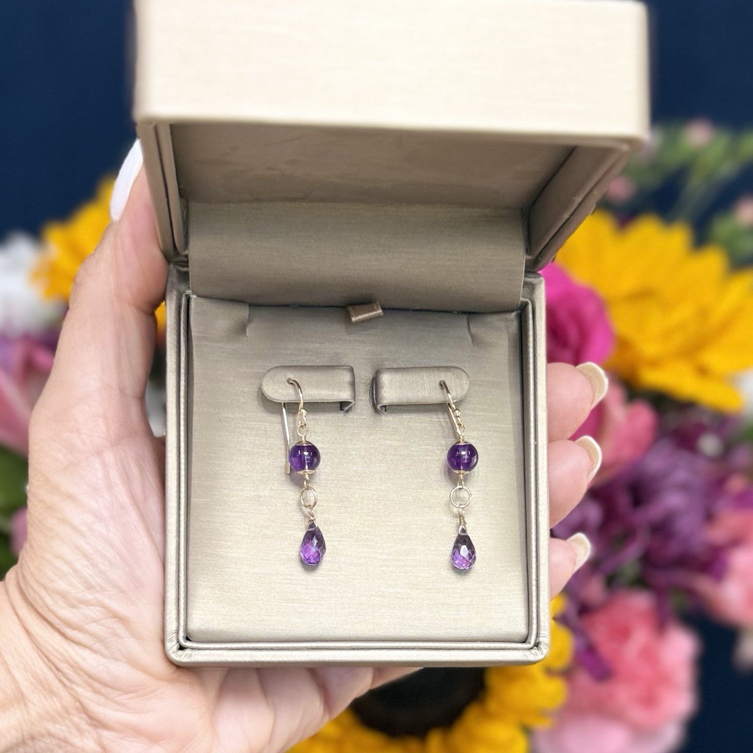 14k Yellow Gold Genuine Amethyst Drop/Dangle Earrings, Newly Handcrafted, 1.5"