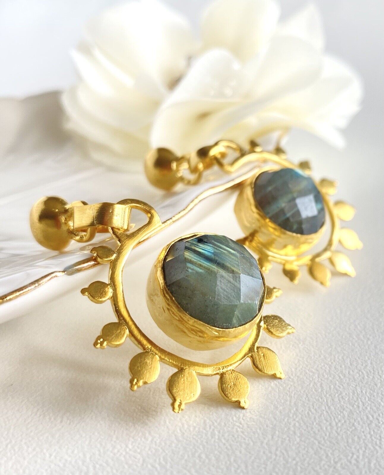 Etruscan Revival Gold Overlay Labradorite Dangle Earrings, New, 1.88"