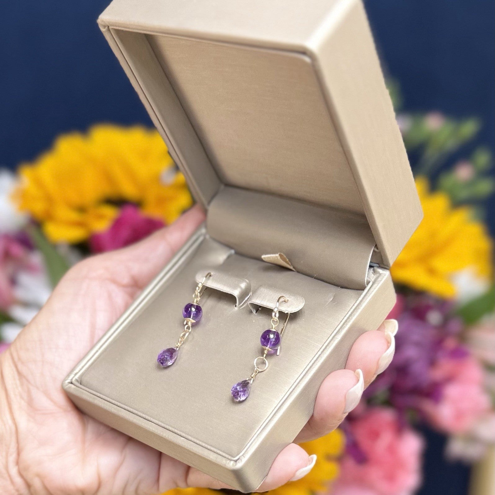 14k Yellow Gold Genuine Amethyst Drop/Dangle Earrings, Newly Handcrafted, 1.5"