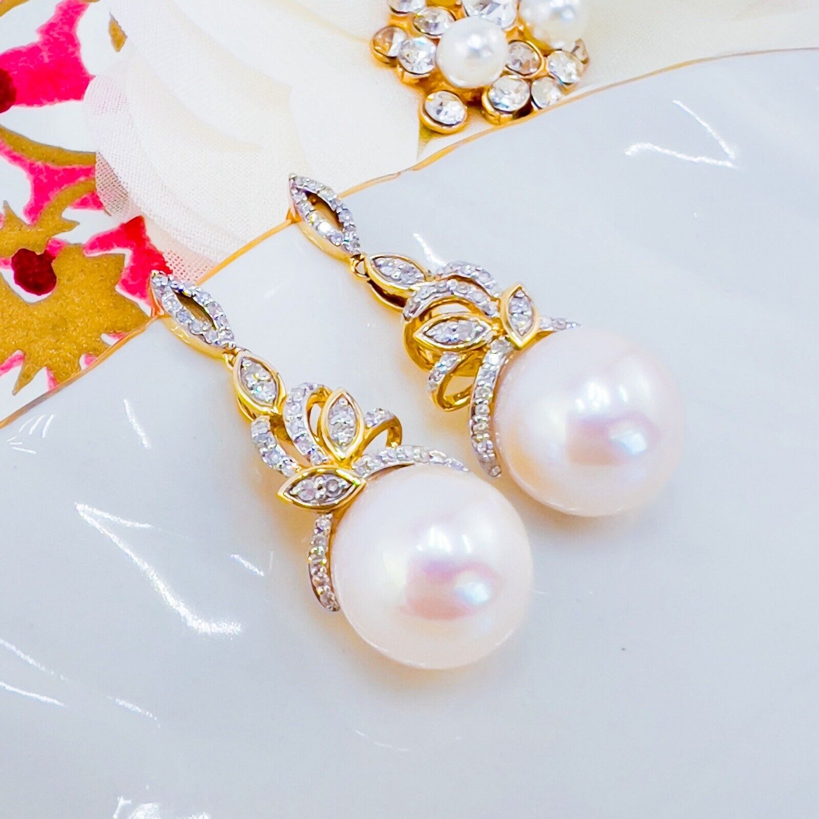 Genuine White Pearl (11.25mm) & Diamond 14k Yellow Gold Dangle Earrings, New