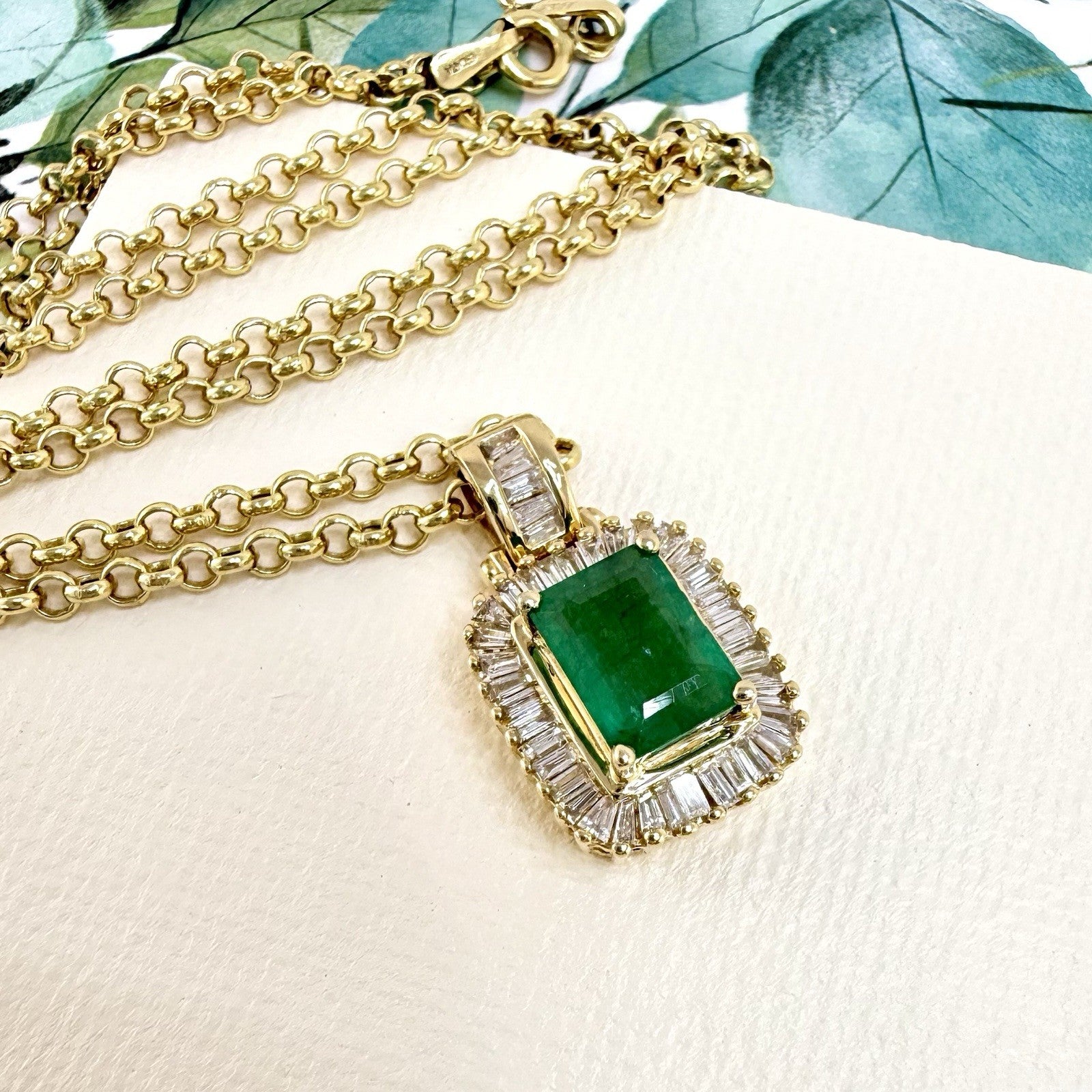 14k Yellow Gold Genuine Emerald & Diamond Pendant, Preowned