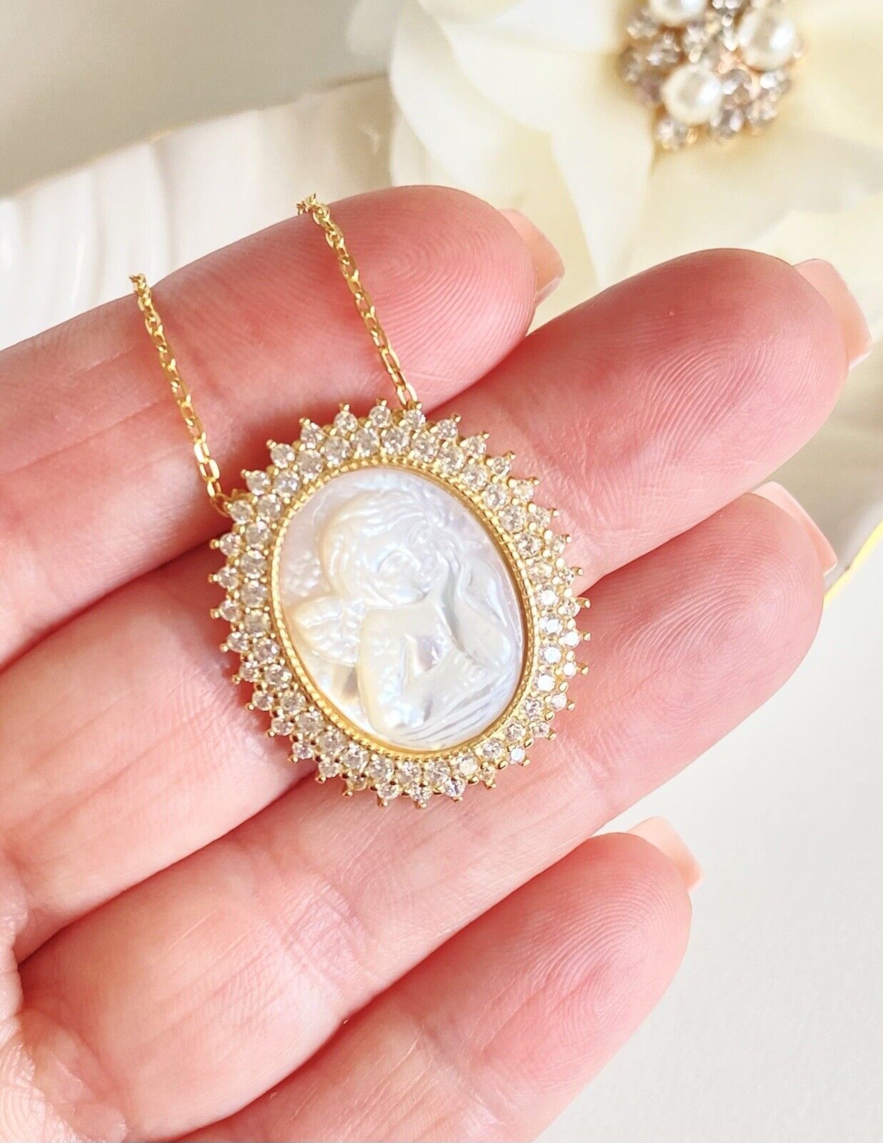 Sterling W/ Gold Overlay Thinking Angel/Cherub Pendant W/ Chain, 16-17", New