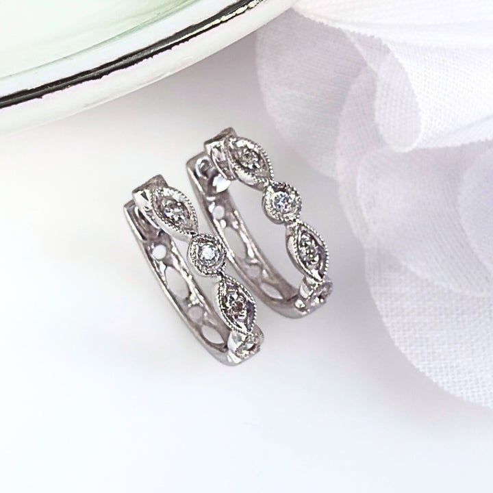 14k White Gold Genuine Diamond Huggie Hoop Earrings, New