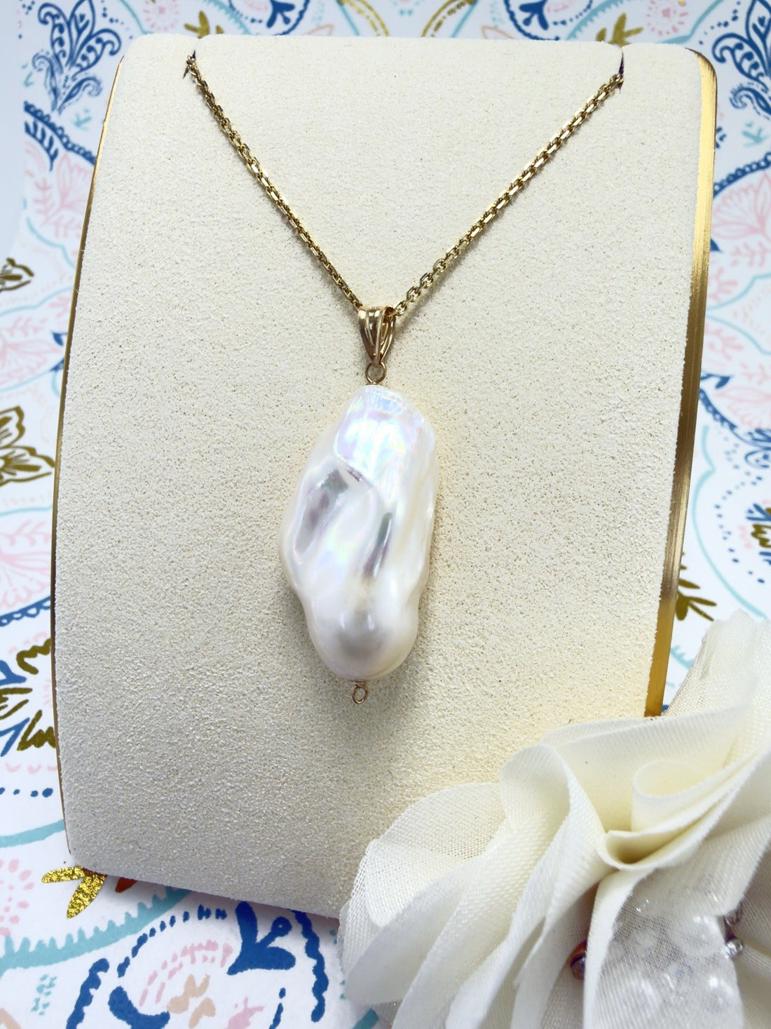 14k Yellow Gold Genuine Baroque Pearl Pendant, New 1.5"