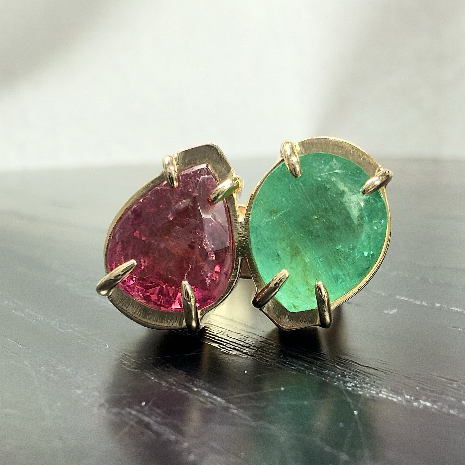 14k Yellow Gold Genuine Emerald & Pink Tourmaline Modernist Ring, New Size 6.5