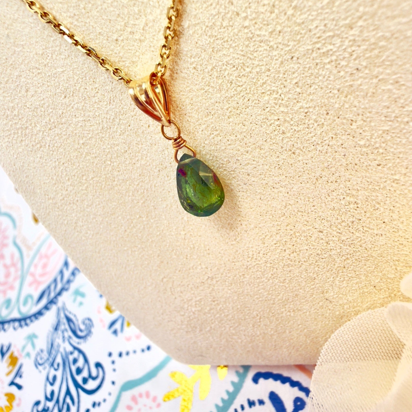 14k Yellow Gold Genuine Green Tourmaline Drop Pendant, 0.75" New