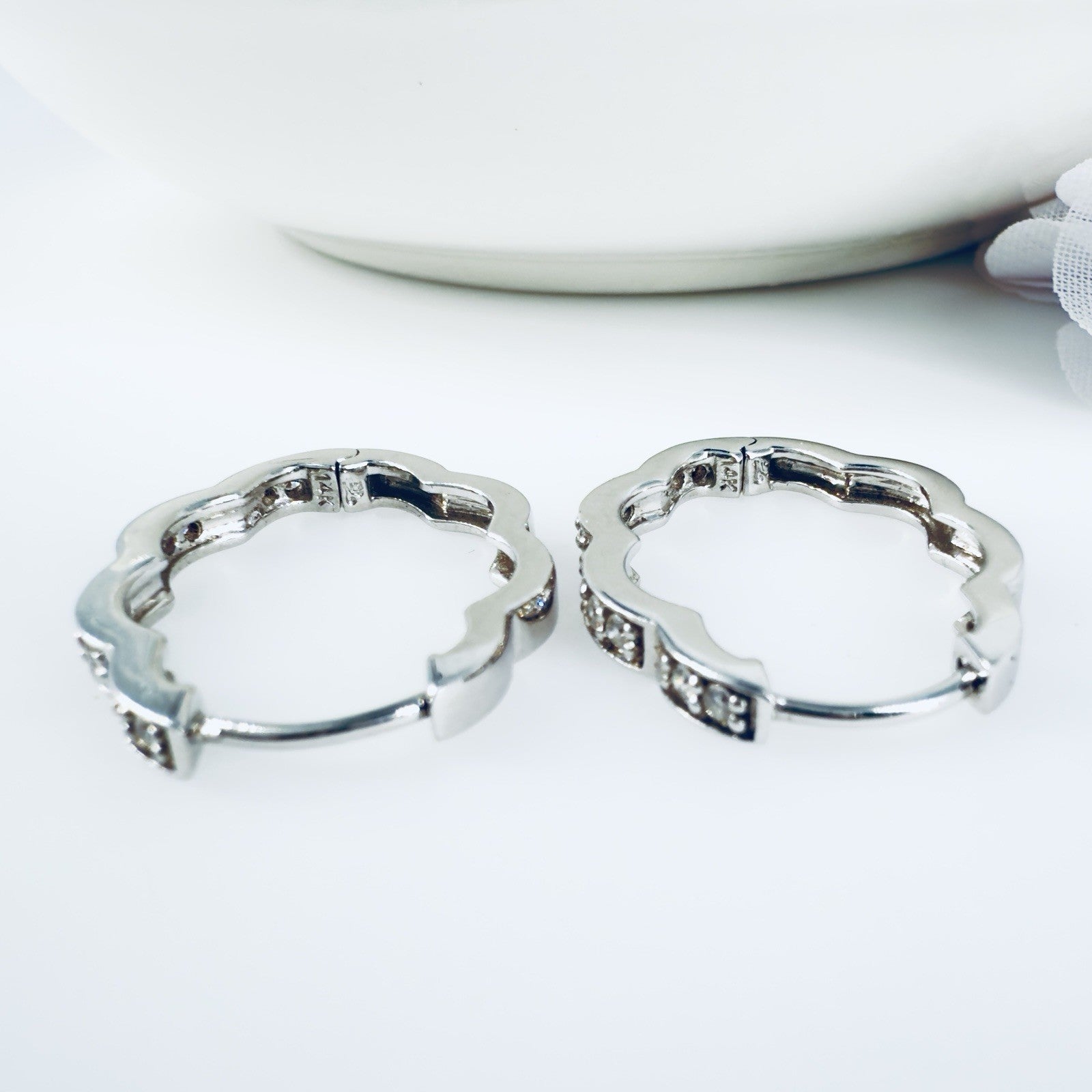 14K White Gold & Genuine Diamond Scalloped Oval Hoop Earrings, New