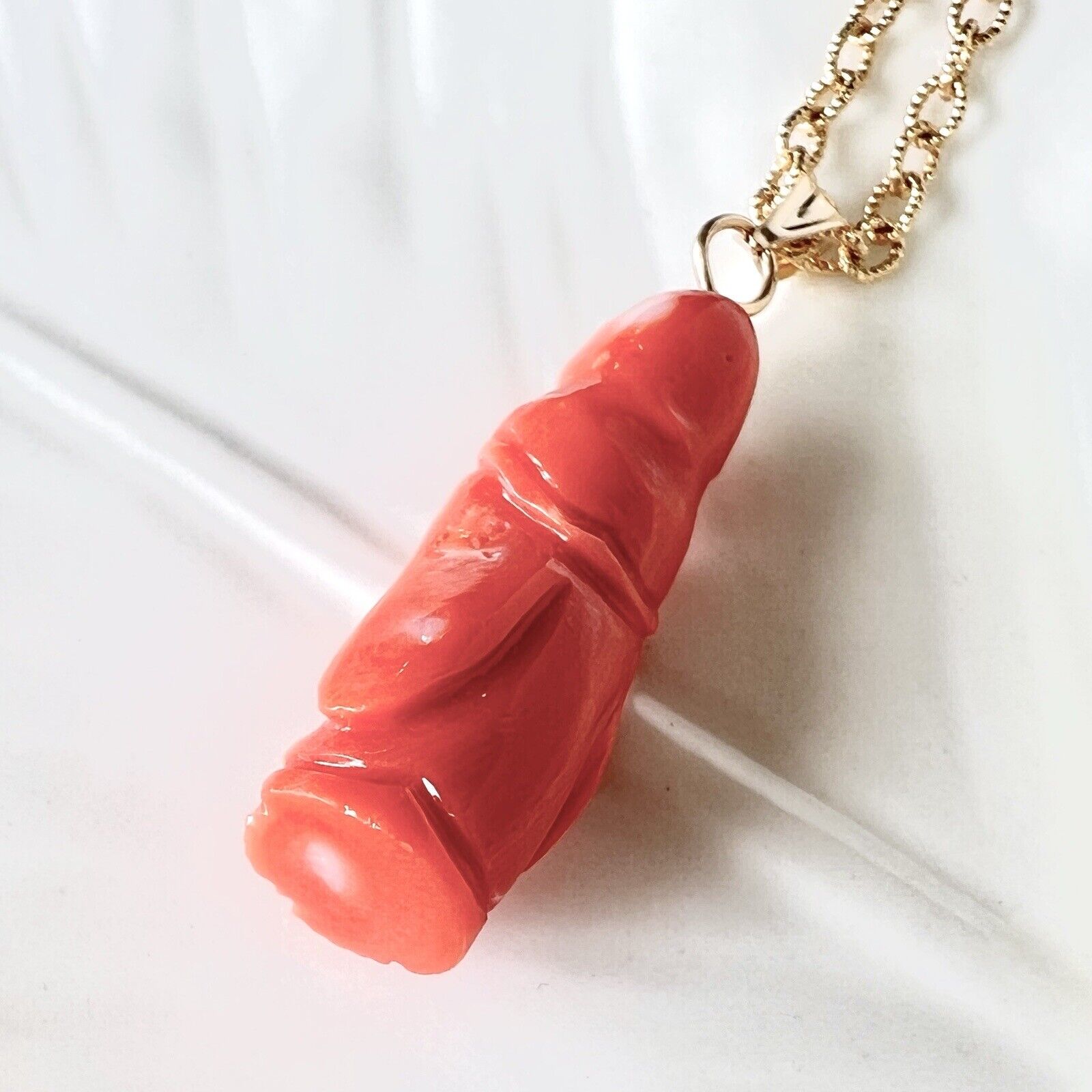 Natural Dark Salmon Guanyin (17ct) Solid 14k Yellow Gold Pedant, New