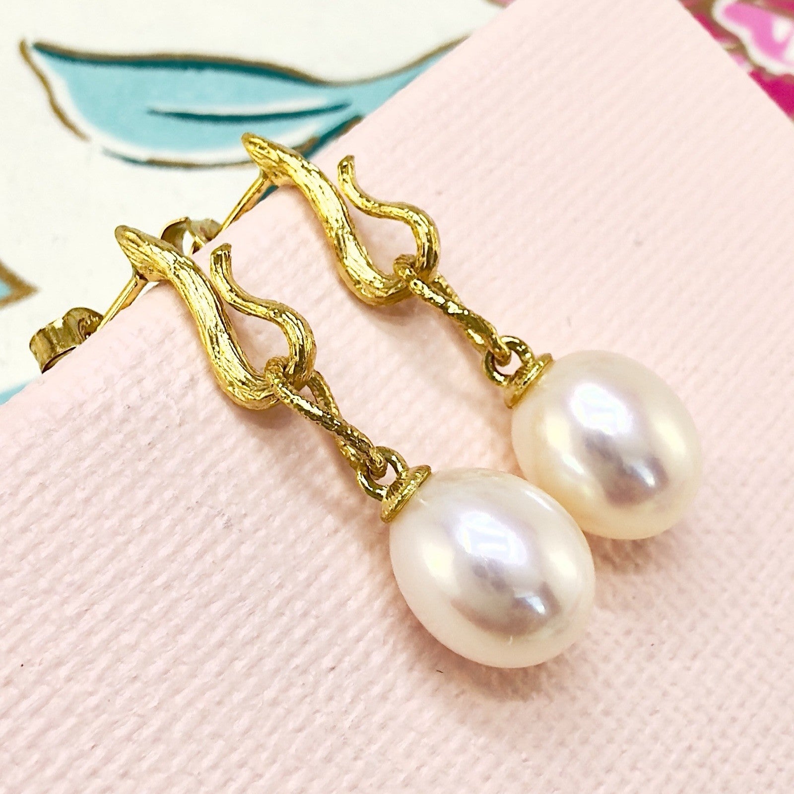 14k Yellow Gold Genuine Pearl Dangle Modernist Earrings, New
