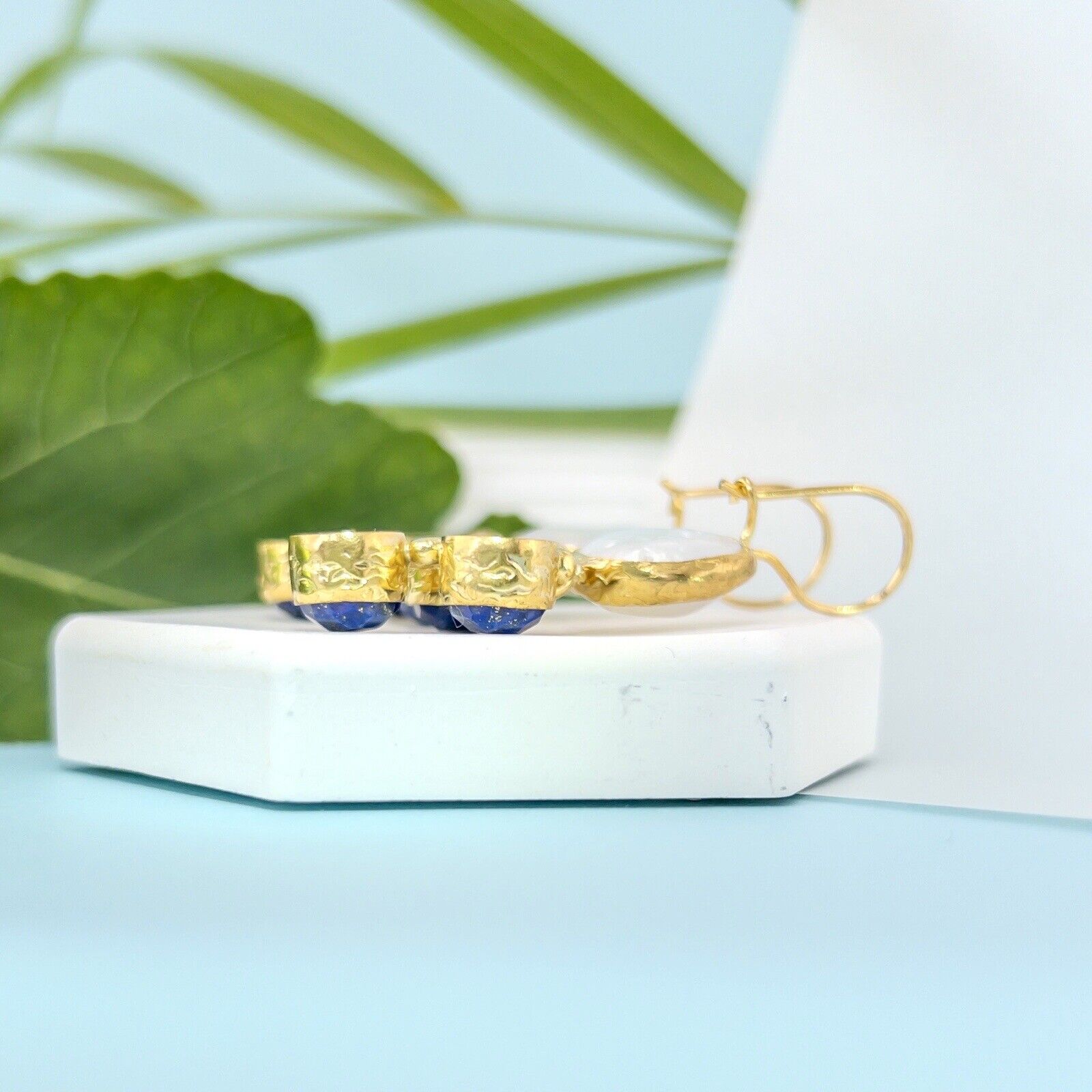 Natural Lapis Lazuli & Coin Pearl Gold Plated Dangle/Drop Earring, New 2"