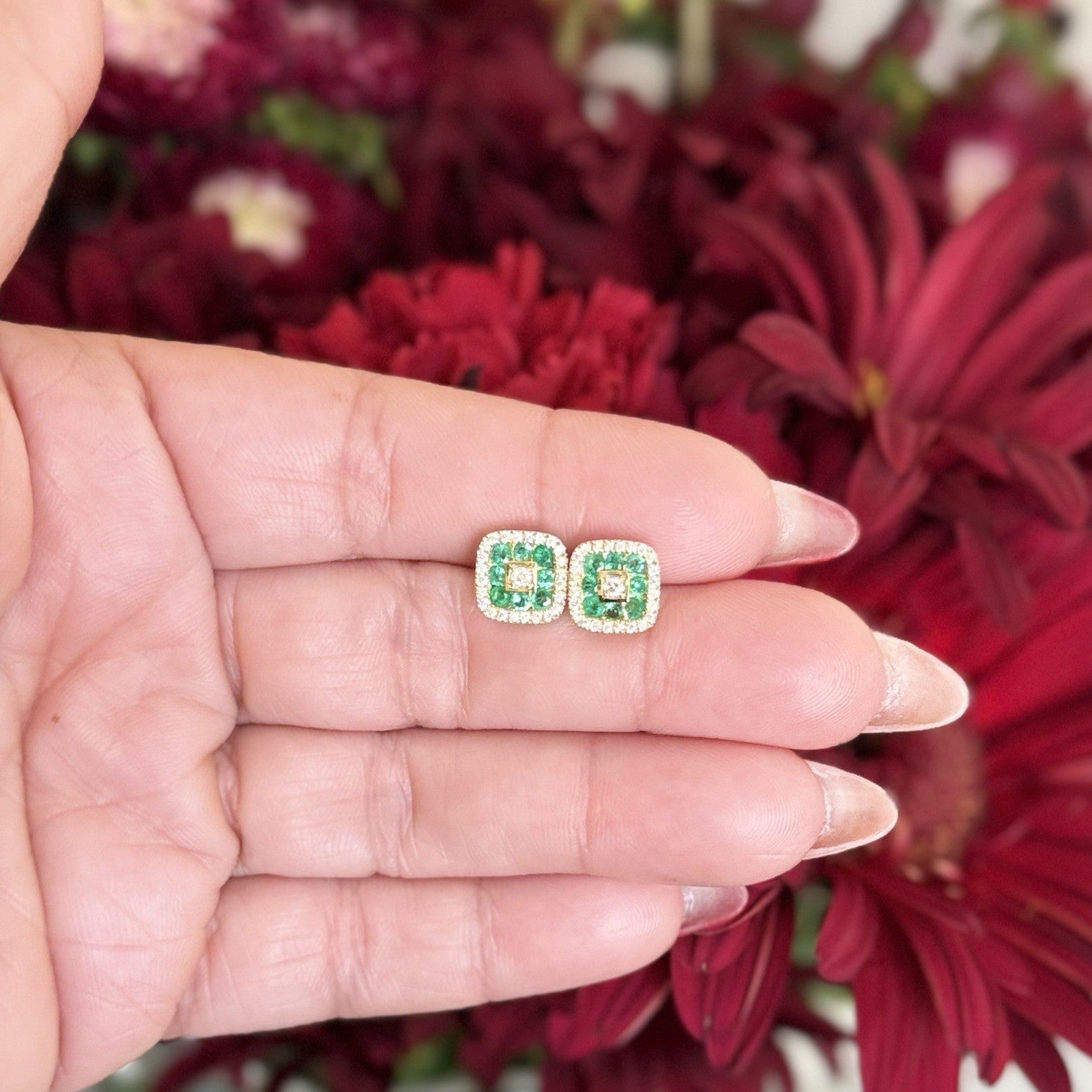 10K Yellow Gold Genuine Emerald & Diamond Stud Screw-Back Earrings, New