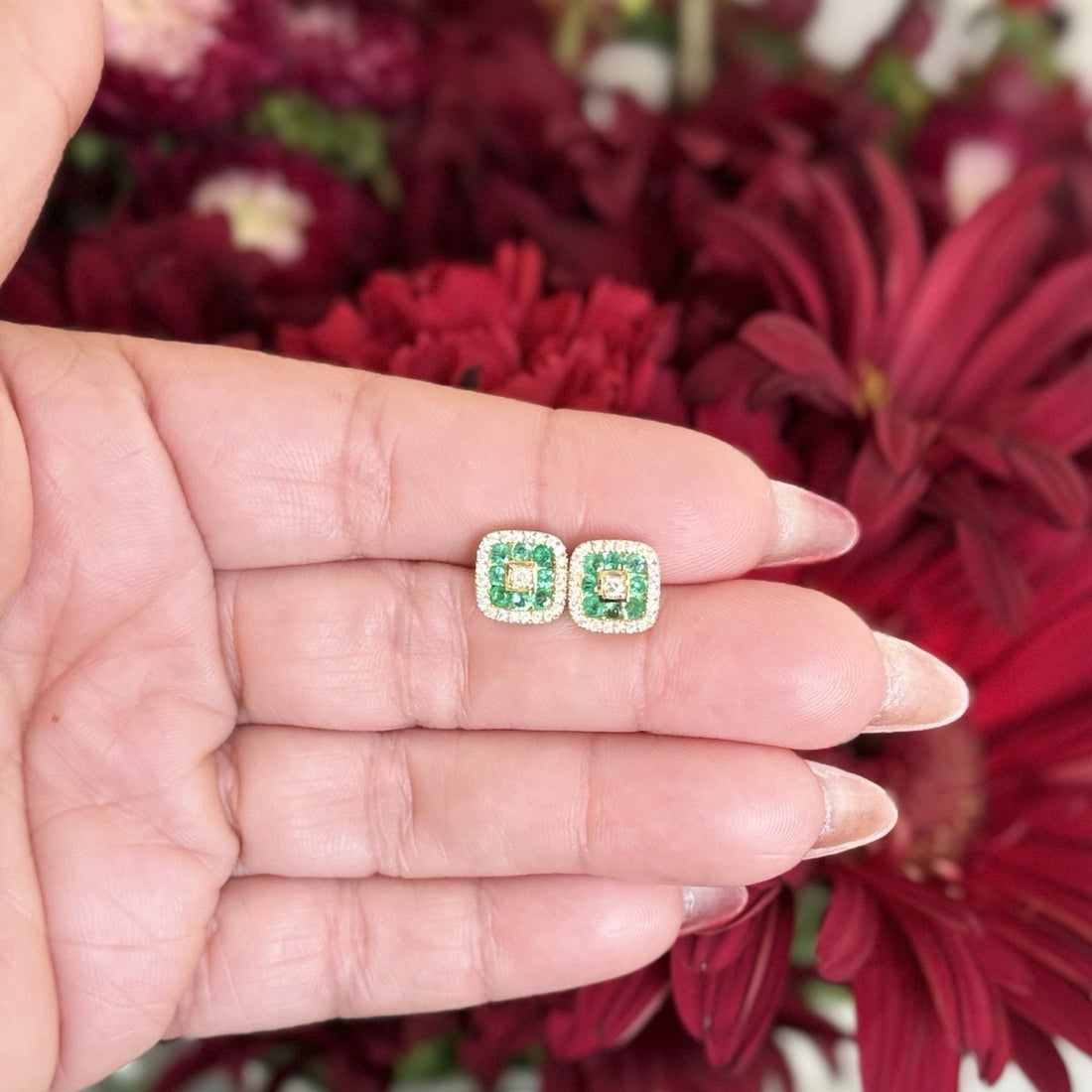 10K Yellow Gold Genuine Emerald & Diamond Stud Screw-Back Earrings, New