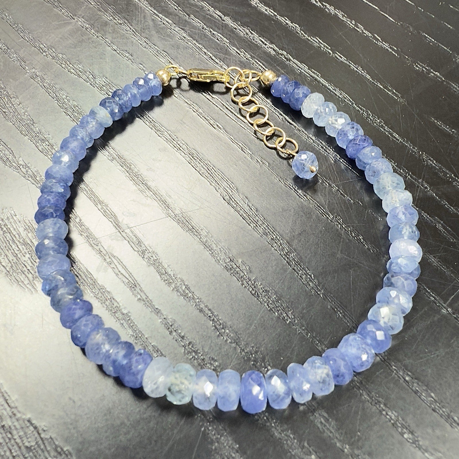 14k Yellow Gold Multitone Blue Sapphire Bracelet, Adjustable 6.75-7.75", New