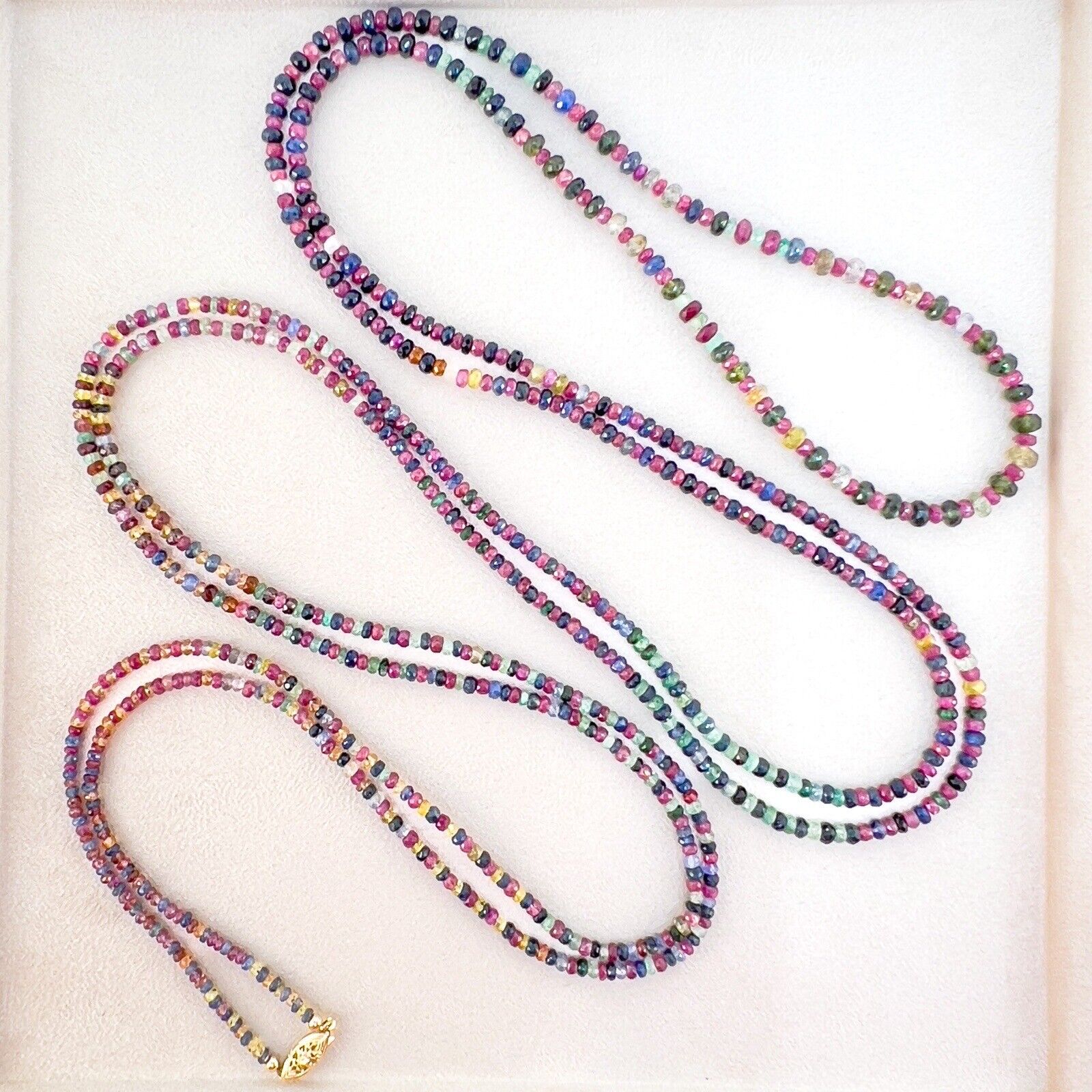 Genuine Multicolor Sapphire, Ruby & Emerald 14K Yellow Gold Necklace, New 82"