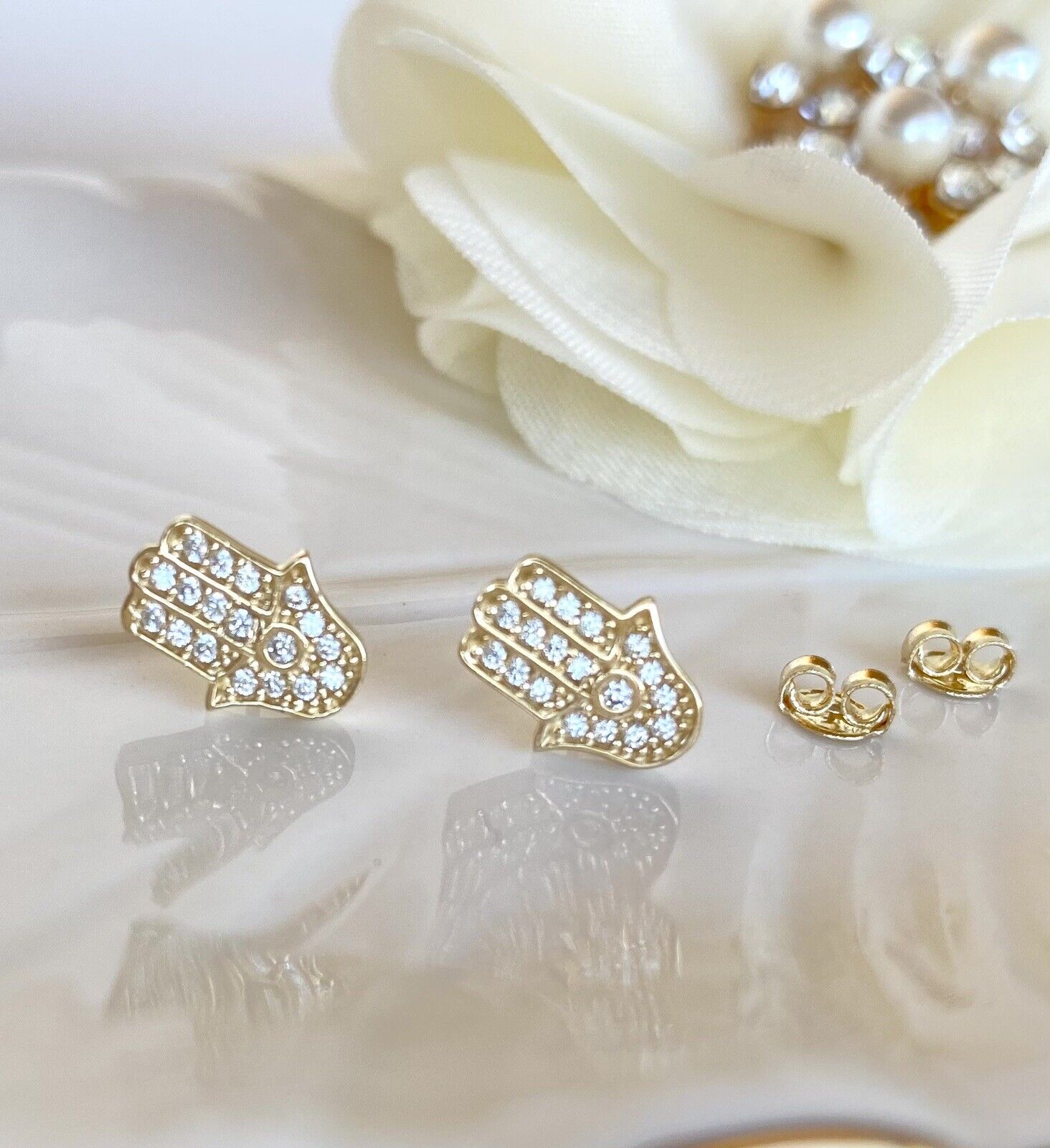 Solid 14K Yellow Gold & Cubic Zirconia Hamsa Hand Stud Earrings, New