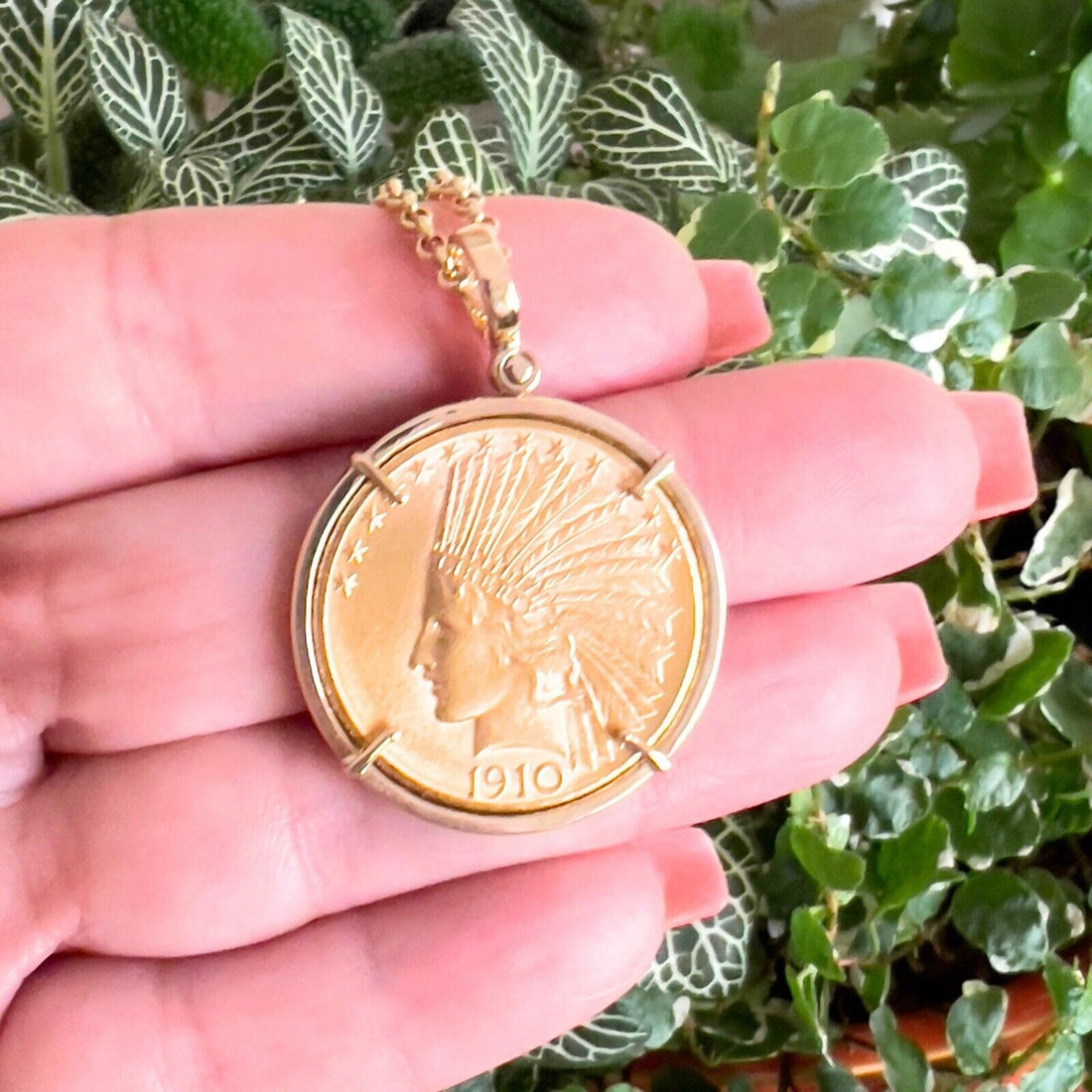 Genuine 1910 US Indian Head 10 Dollar Eagle Gold Coin With 14k Pendant Frame