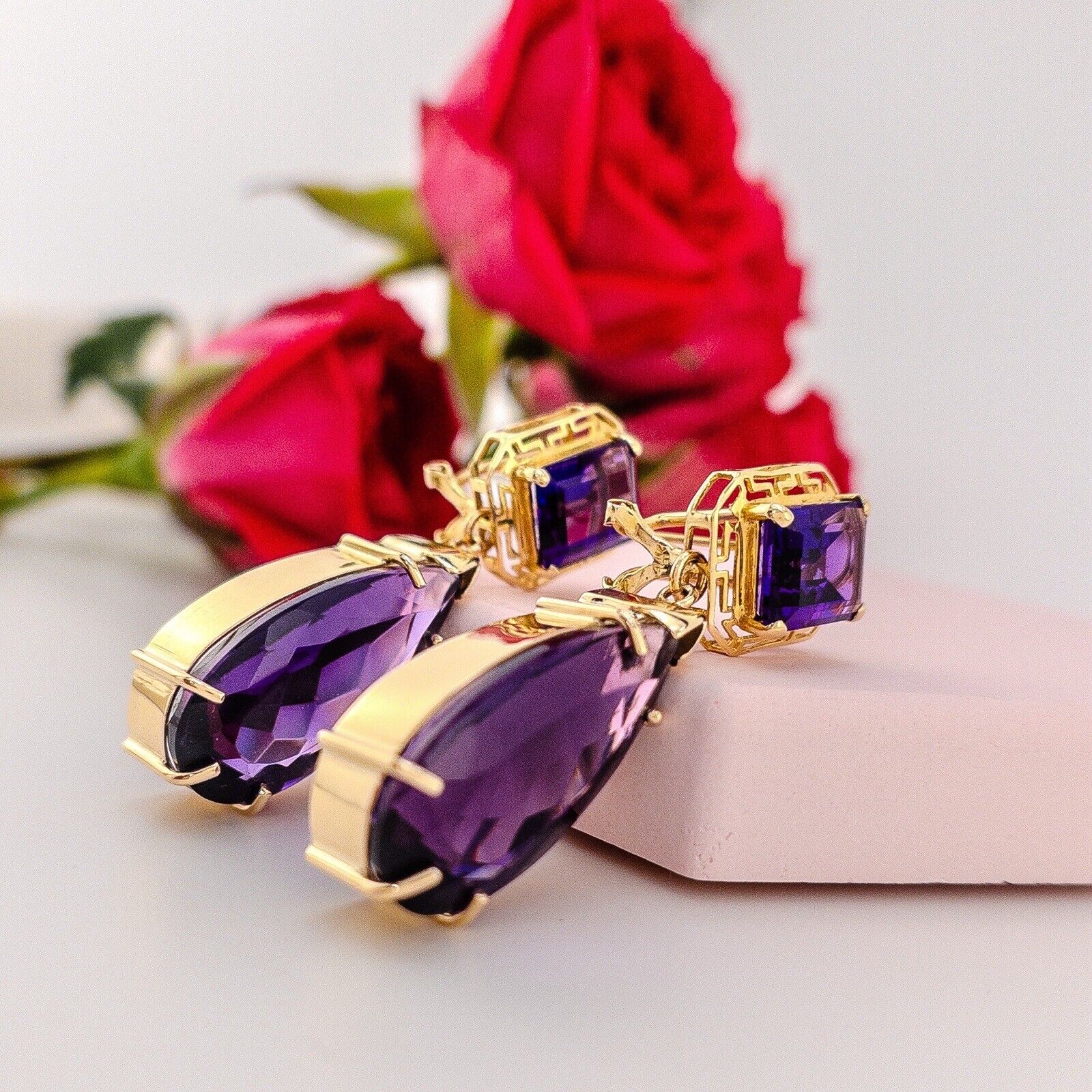 Solid 14k Yellow Gold Genuine Amethyst Omega-Back Dangle/Drop Earrings, 1.8"