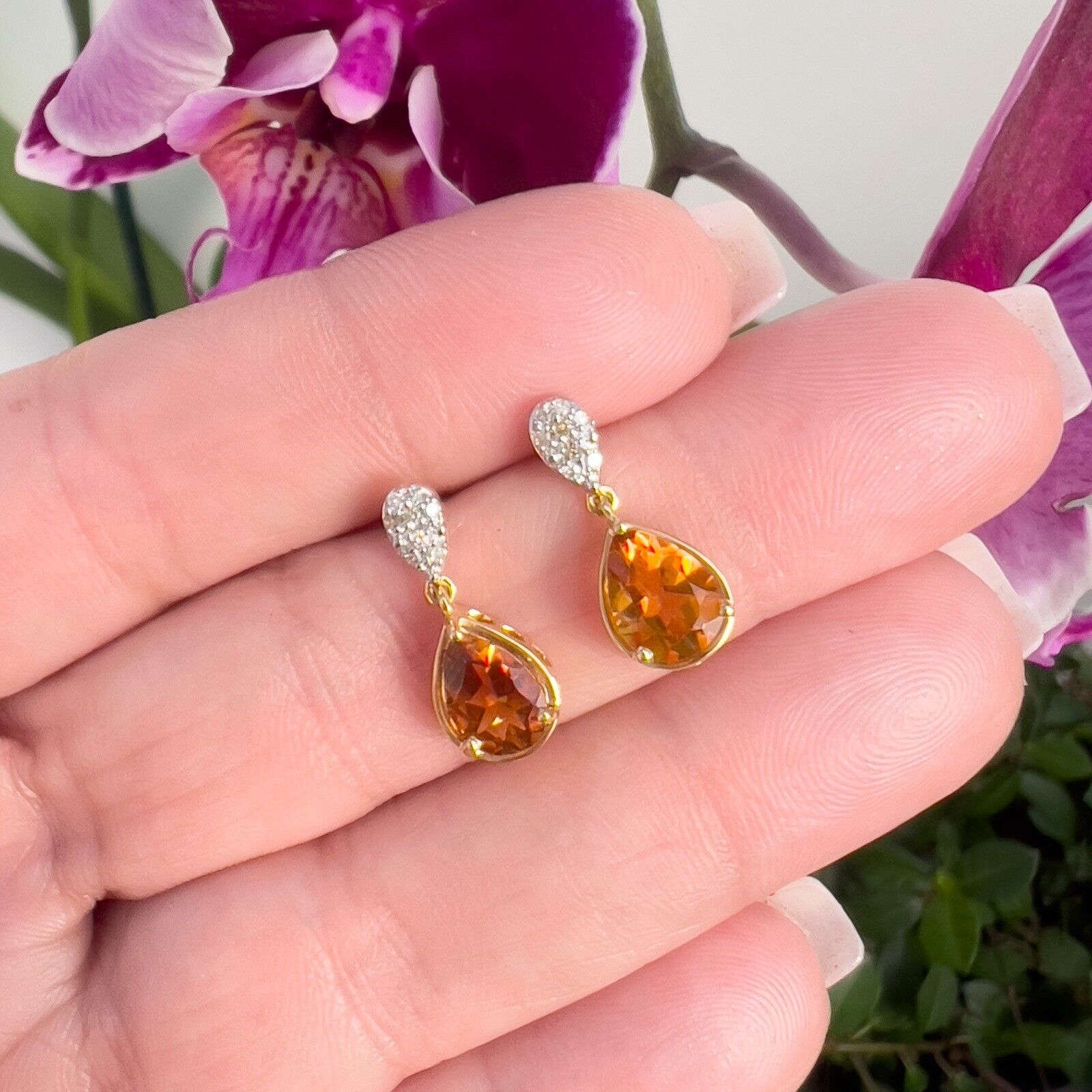 Genuine Citrine & Diamond Solid 10k Yellow Gold Dangle/Drop Earrings