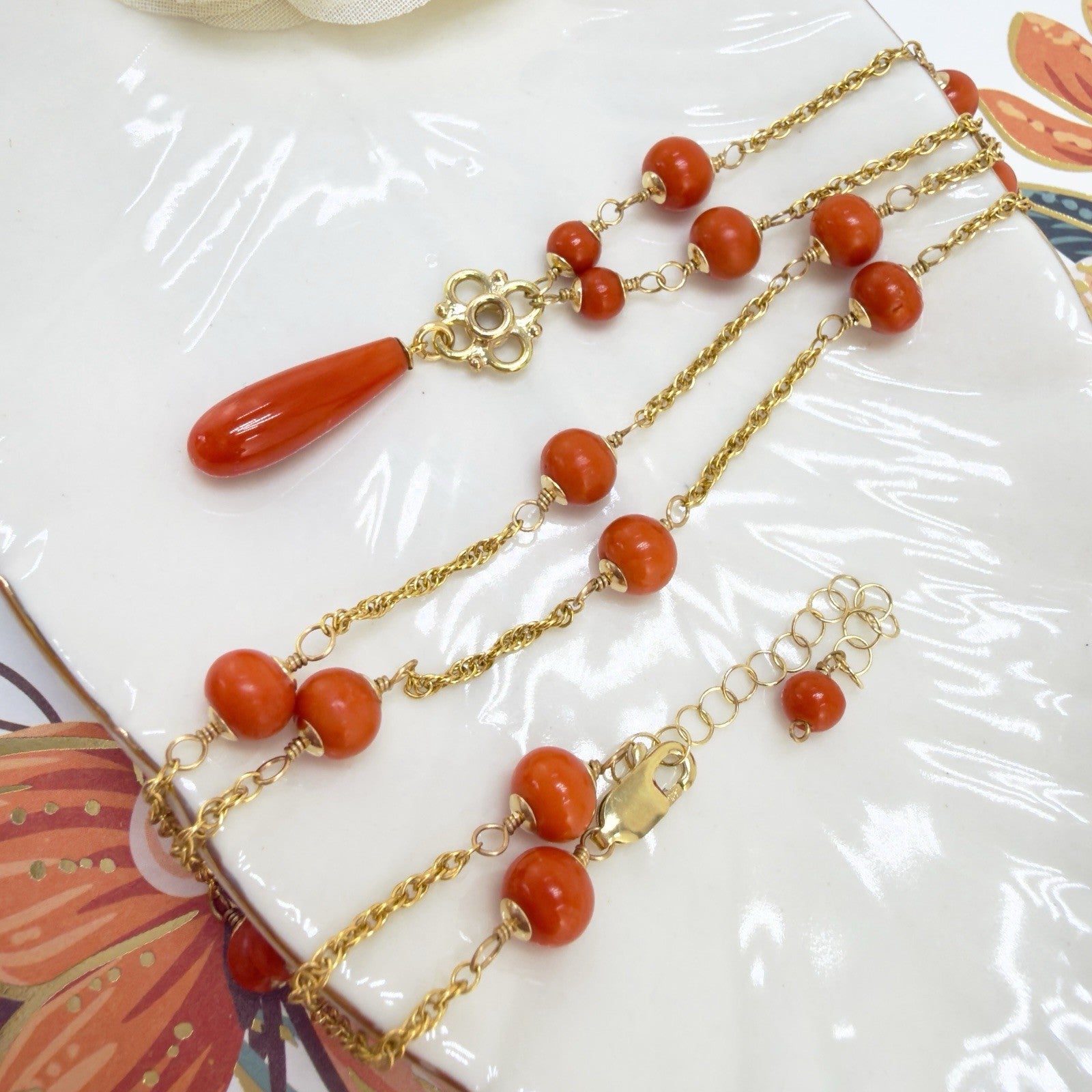 14k Yellow Gold Natural Red Coral Station Necklace w/Drop, 17.5-19" New