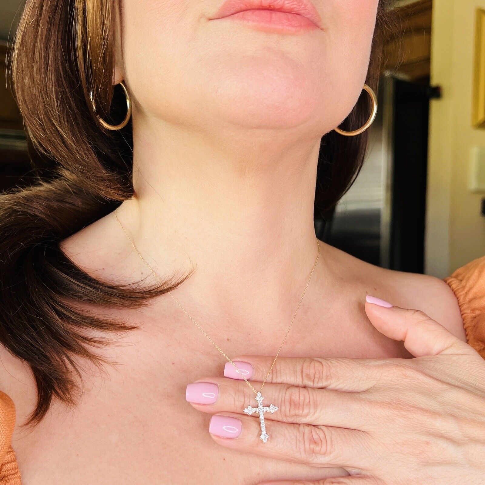 Solid 10k Yellow Gold Genuine Diamond Cross Pendant Necklace 18", New