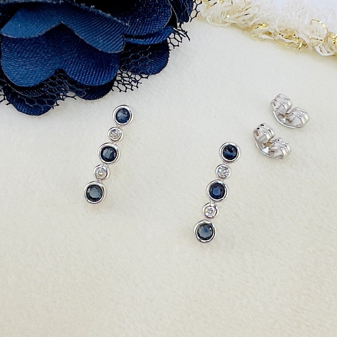 Solid 14k White Gold Genuine Sapphire & Diamond Stud Earrings, New
