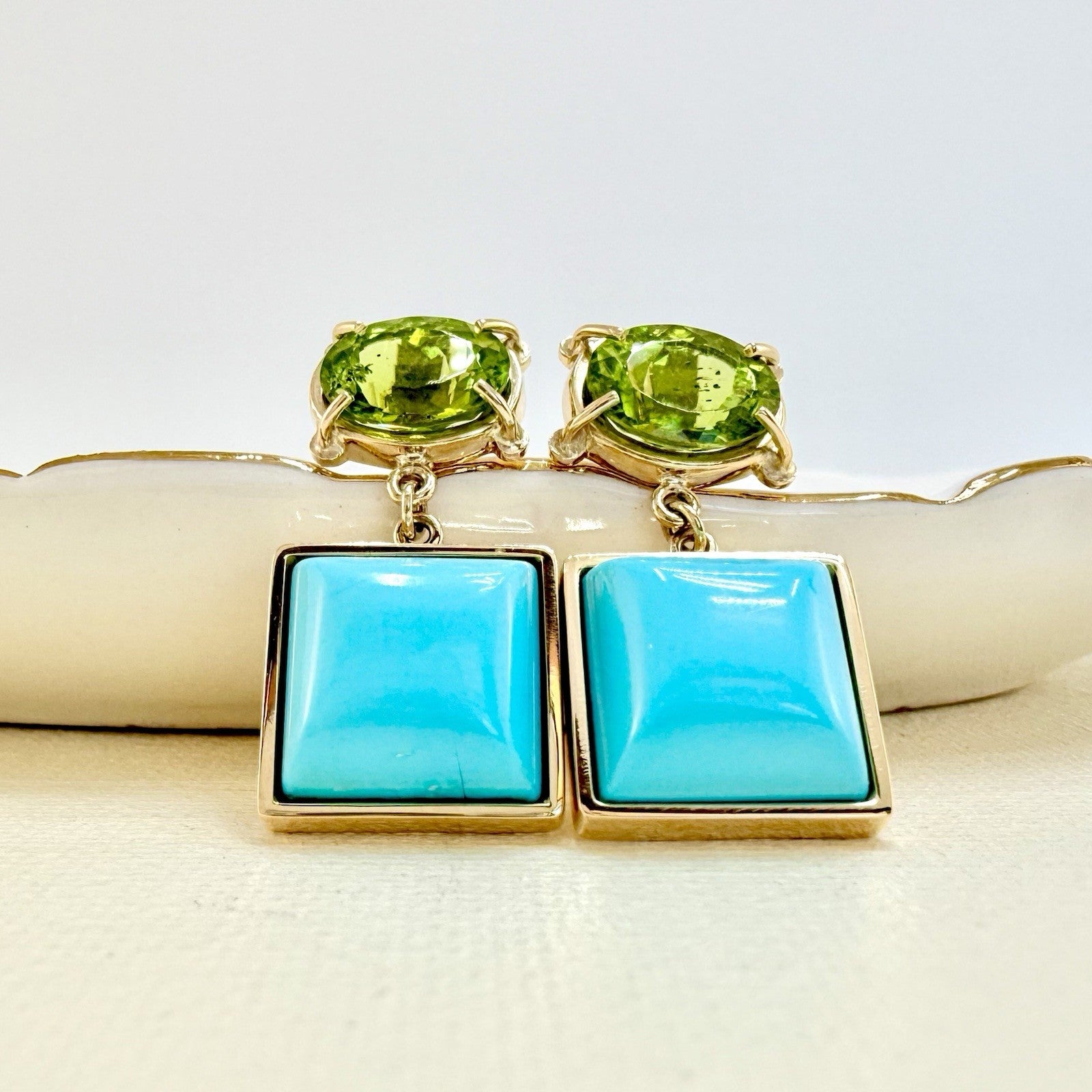 14k Yellow Gold Genuine Peridot & American Turquoise Statement Earrings, New