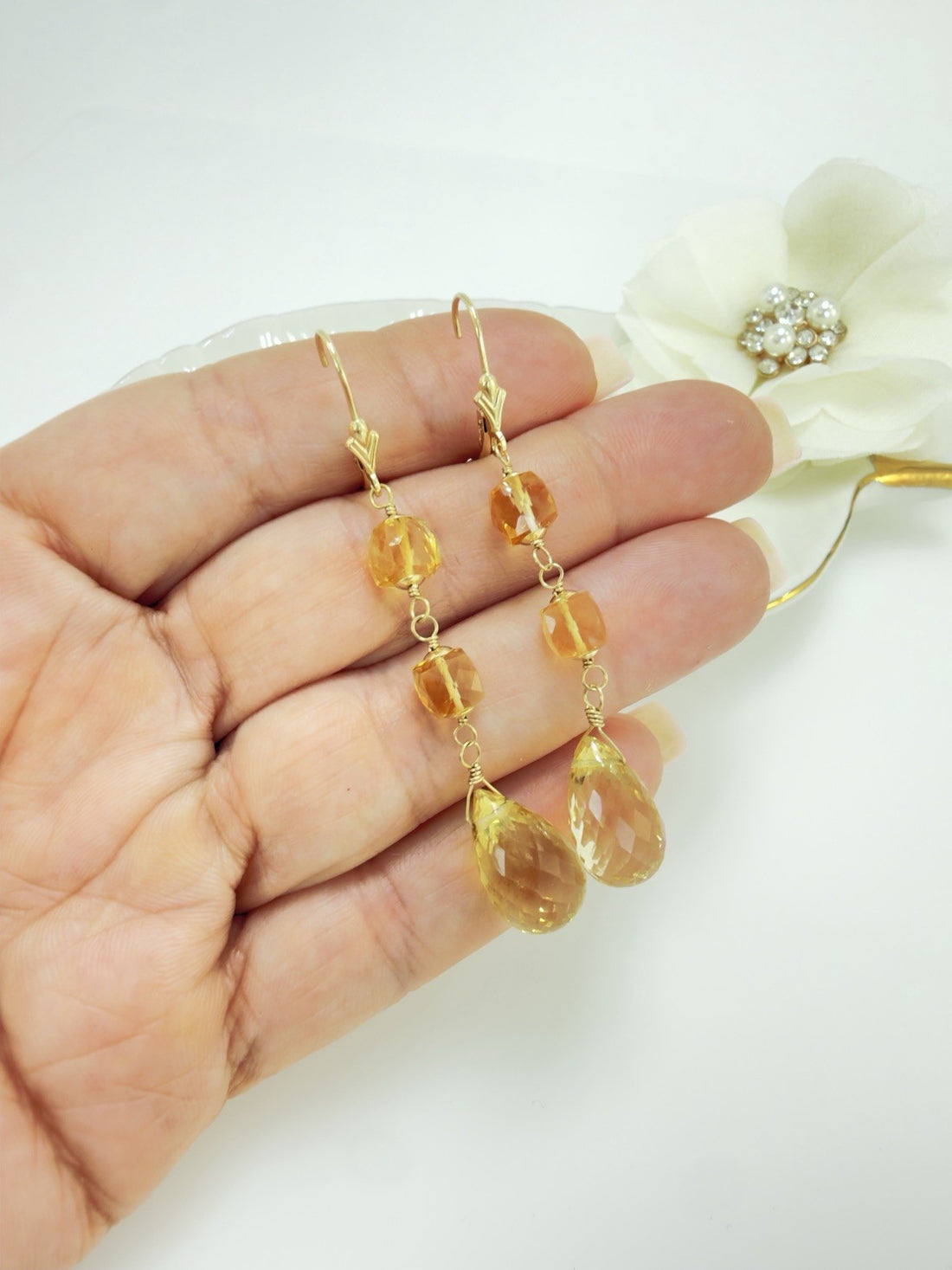 14k Yellow Gold Genuine Citrine Dangle/Drop Lever-back Earrings, 2.5"