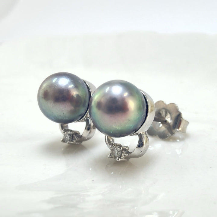 14k White Gold Genuine Gray/Peacock Pearl (6.5mm) & Diamond Stud Earrings