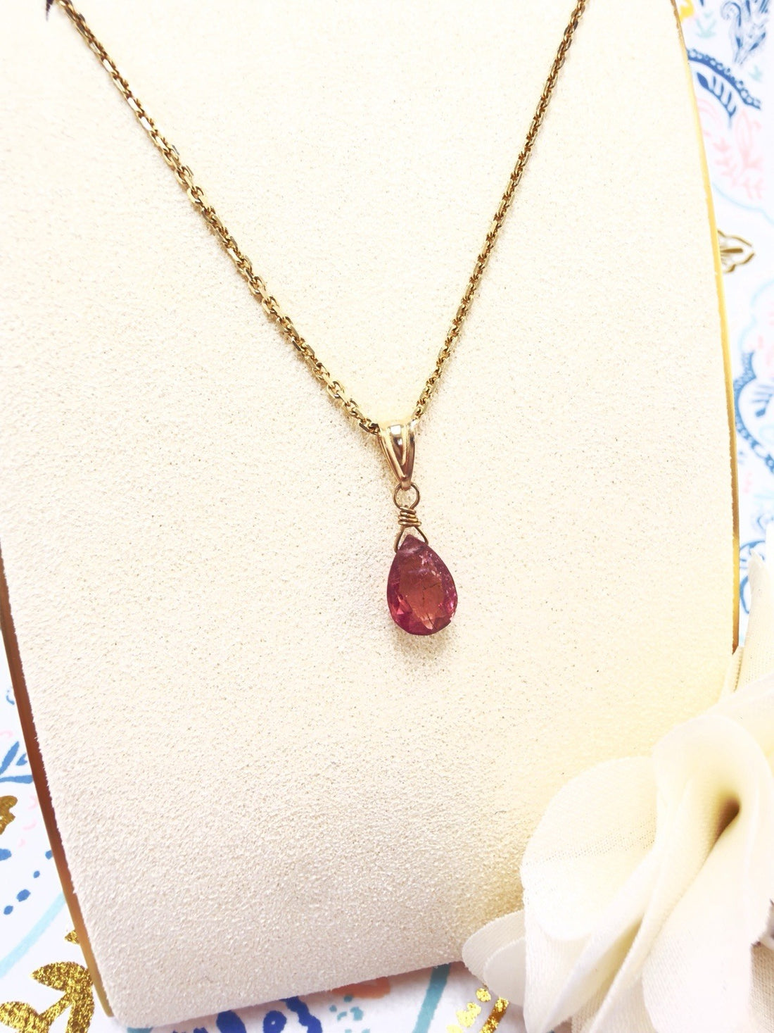 14k Yellow Gold Genuine Pink Tourmaline Drop Pendant, 0.75" New